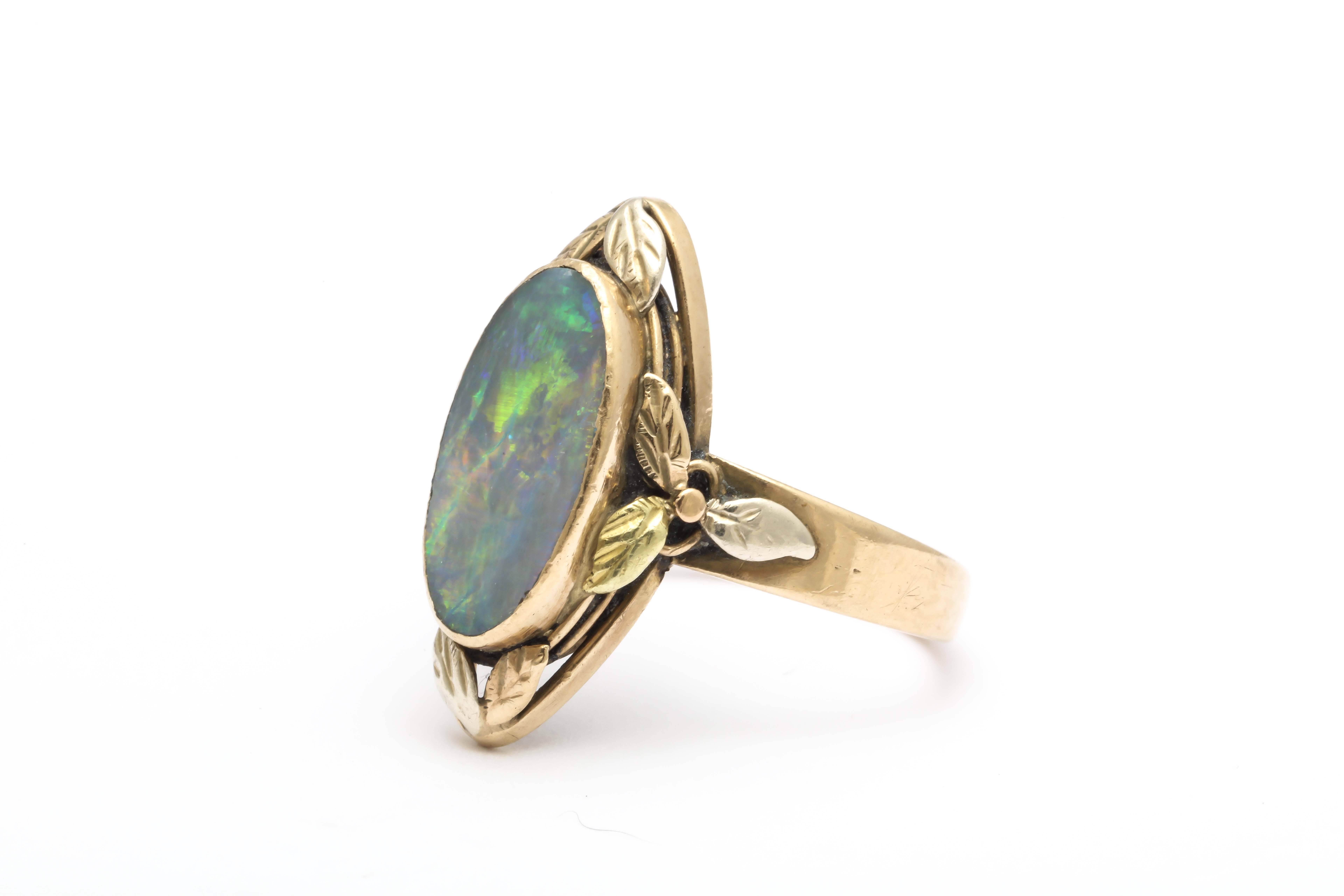 Arts and Crafts Opal Three Color Gold Ring In Excellent Condition In New York, NY