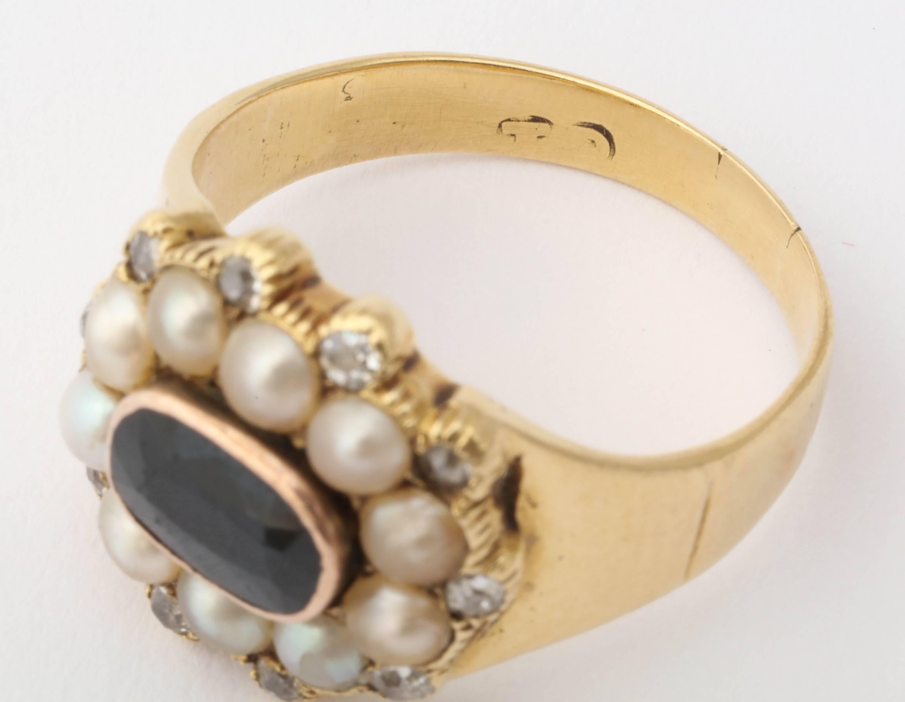 Women's Rich Sapphire Natural Pearl Diamond Ring, circa 1844
