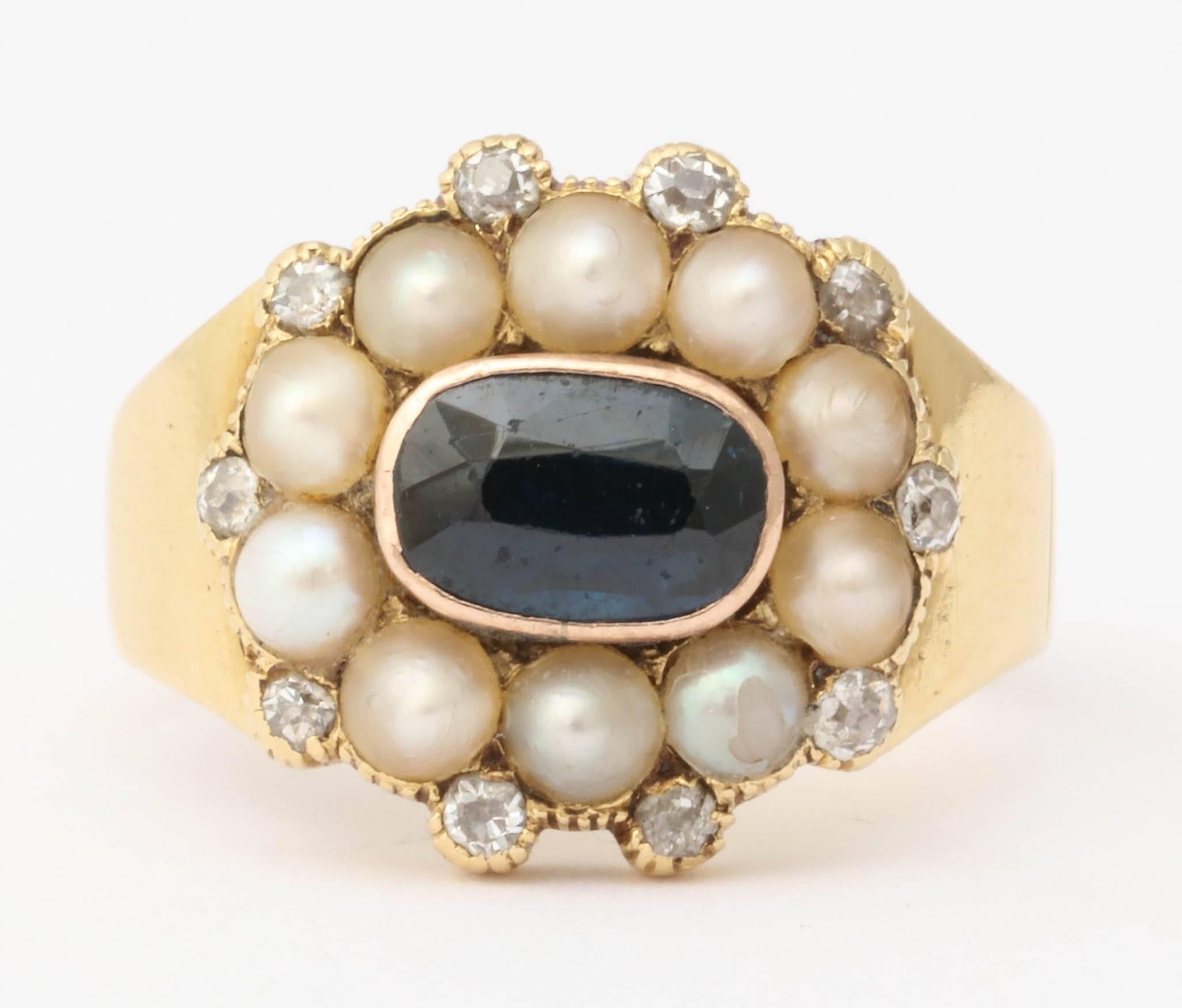 Rich Sapphire Natural Pearl Diamond Ring, circa 1844 1