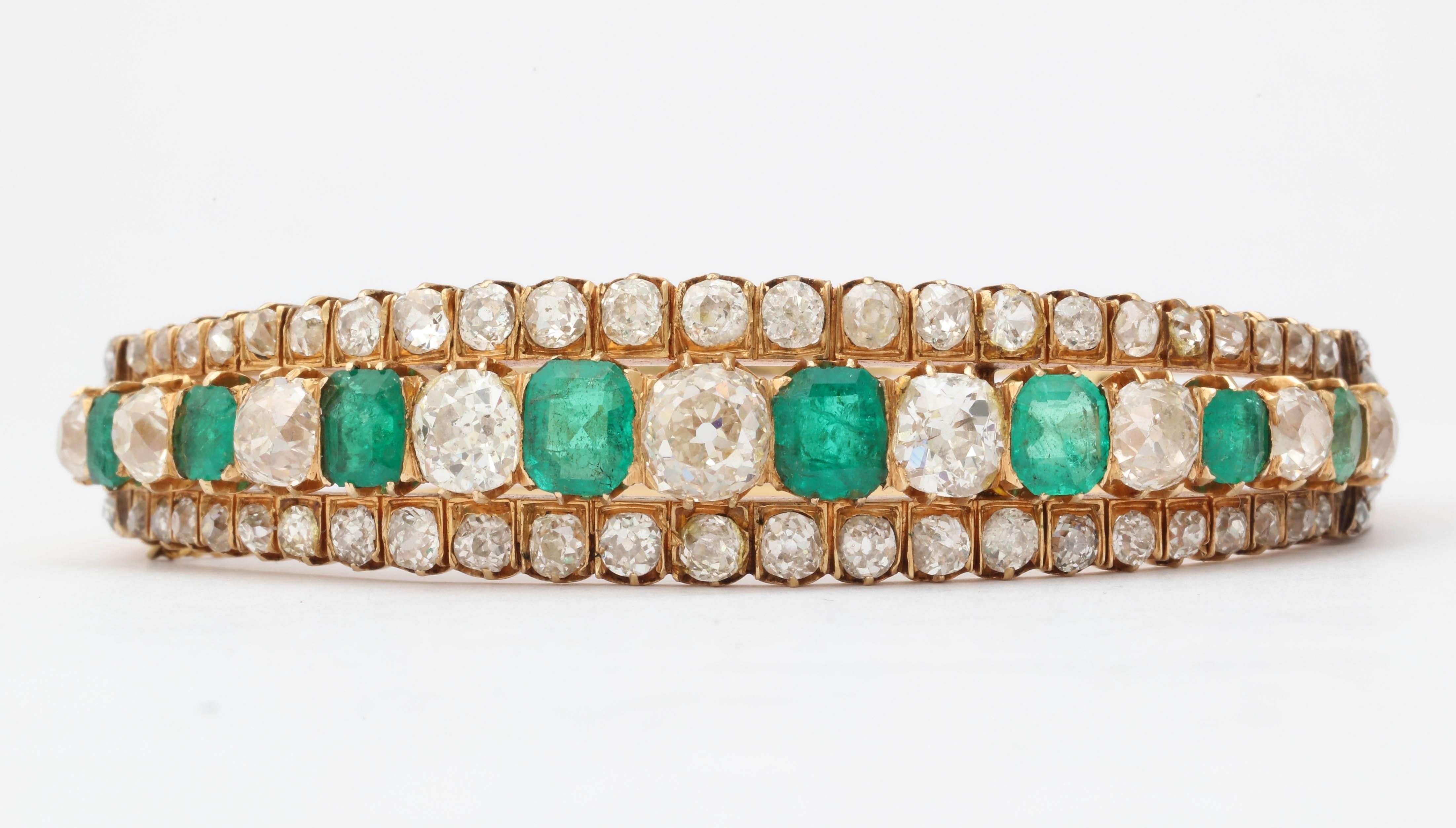 Sumptuous Antique Faceted Emerald & Antique Old Mine Diamond Bracelet. Said to be Russian and bought around the turn of the Century by an Austrian Noble Family.  2 1/8