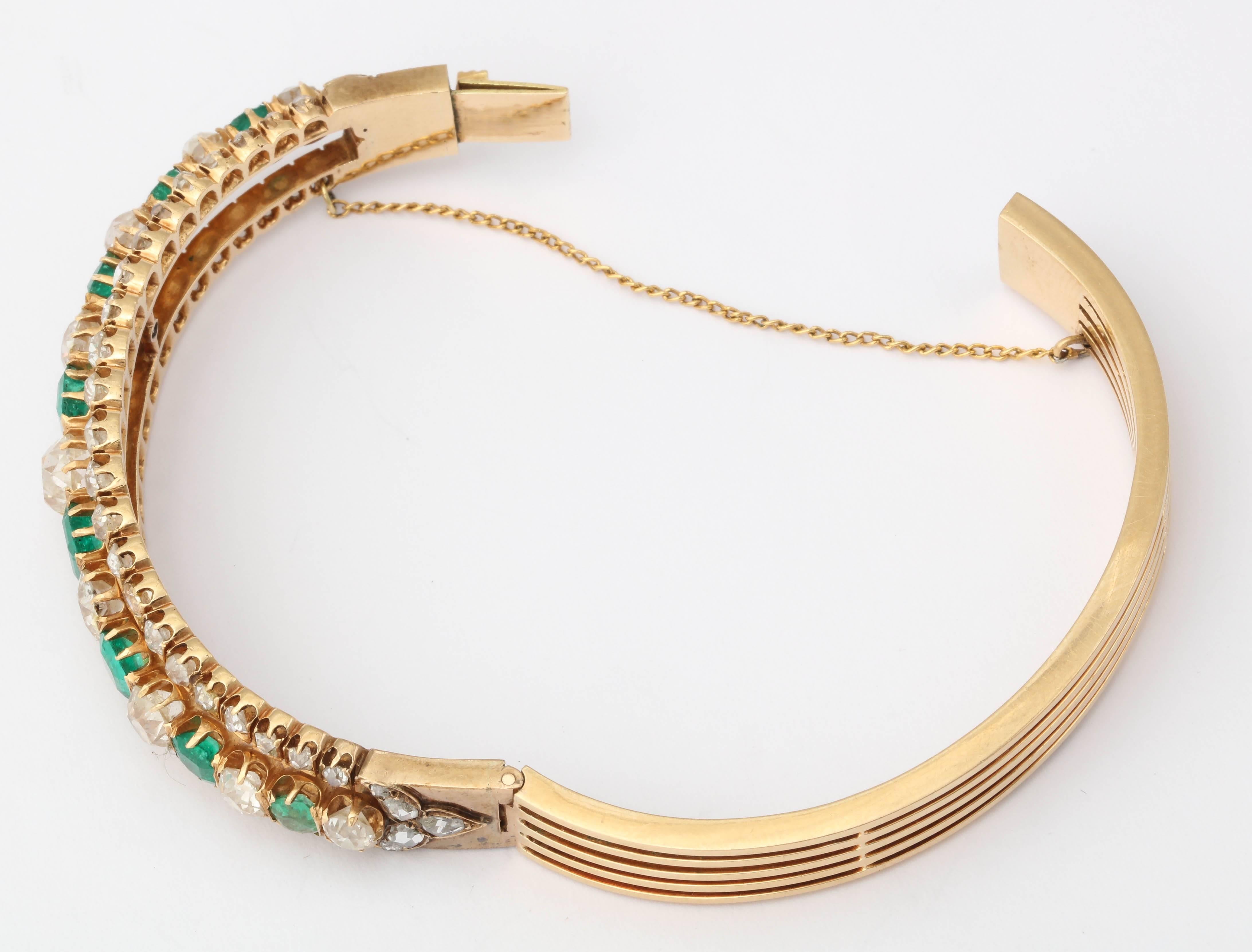 Napoleon III Antique Emerald Diamond Gold Bangle Bracelet