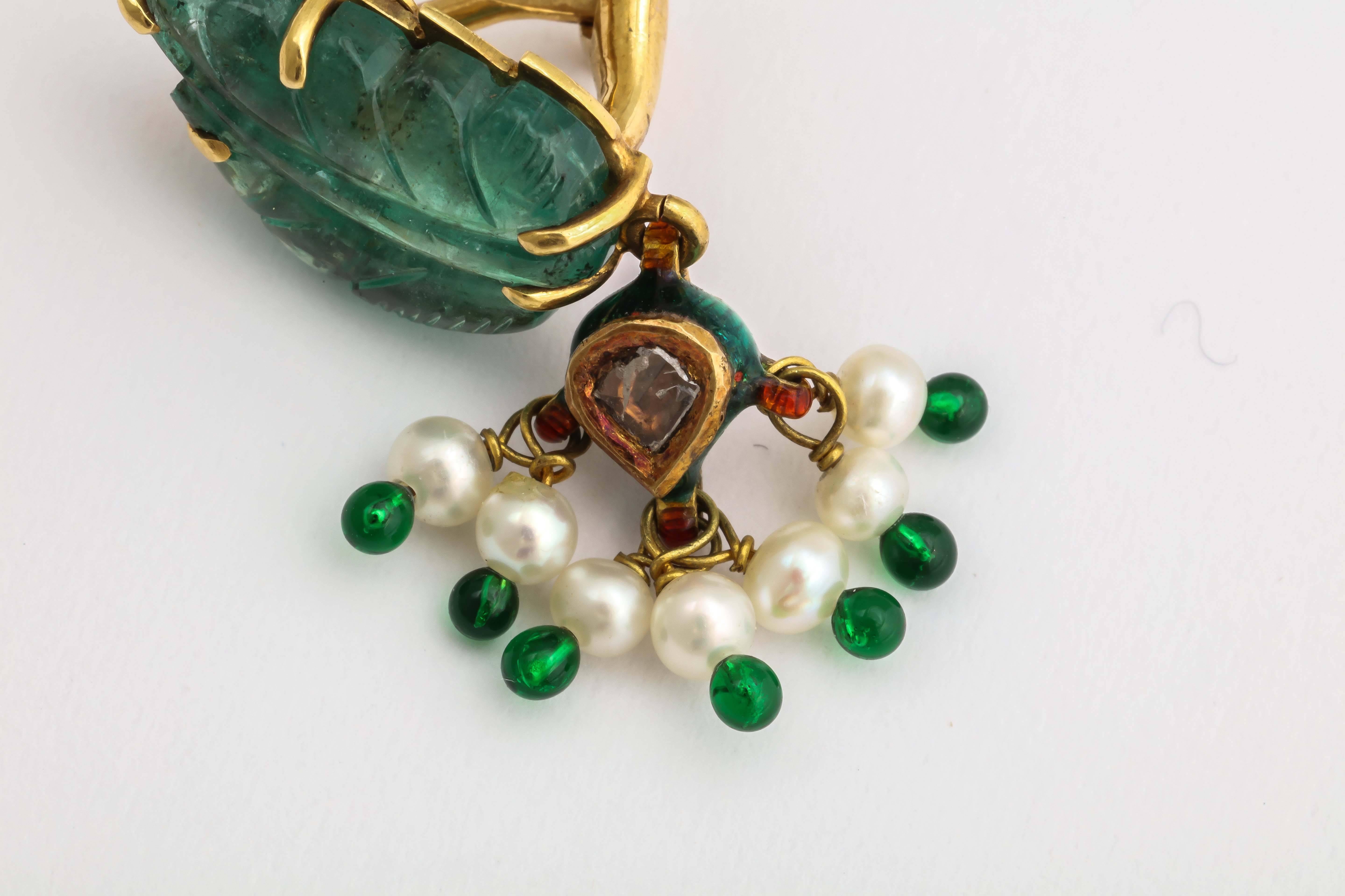 Women's or Men's Stunning Carved Emerald Enamel Pearl Diamond Gold Clip Earrings