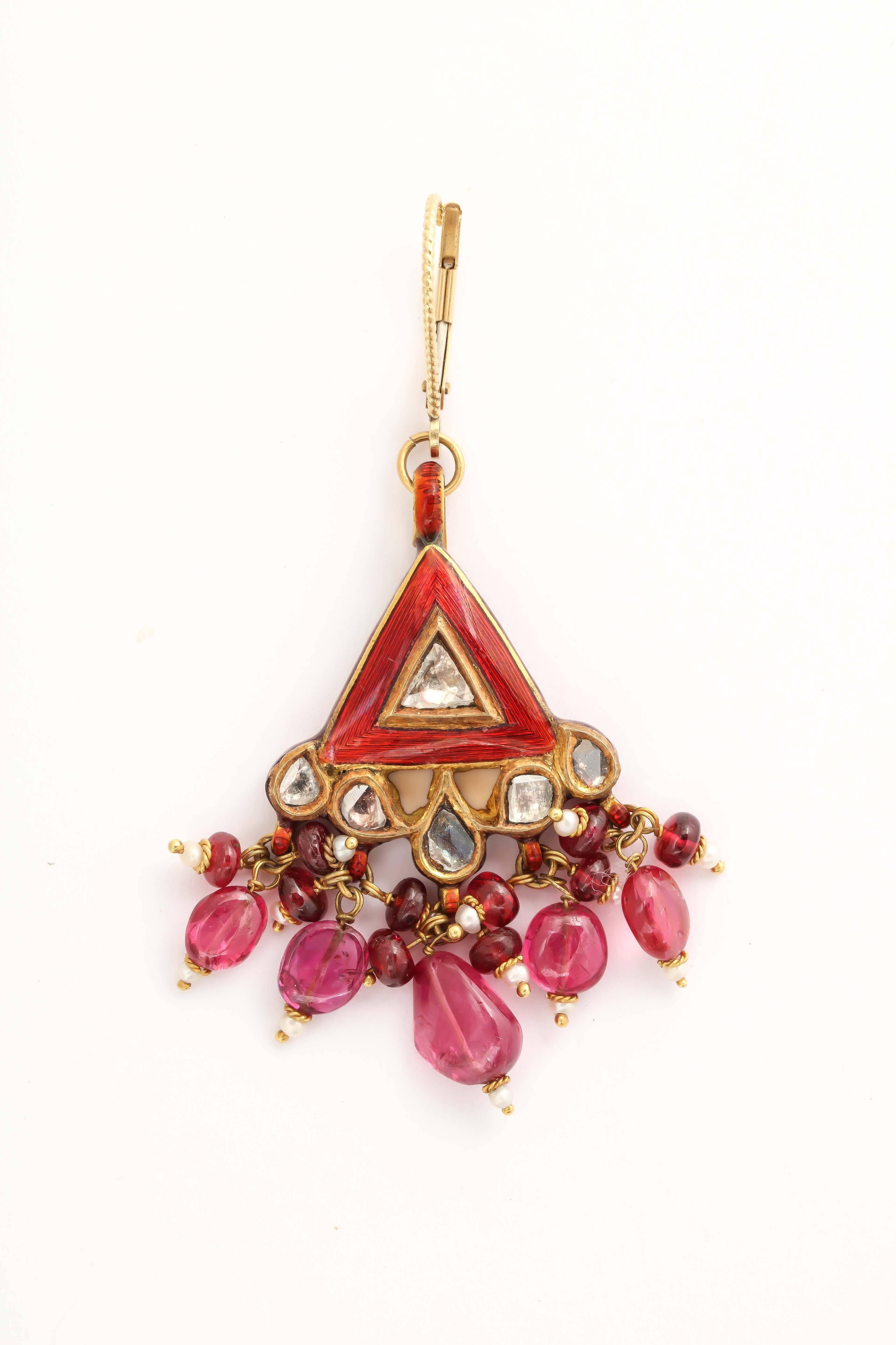 Anglo-Indian Exotic Enamel Ruby Spinel Gold Indian Dangle Earring