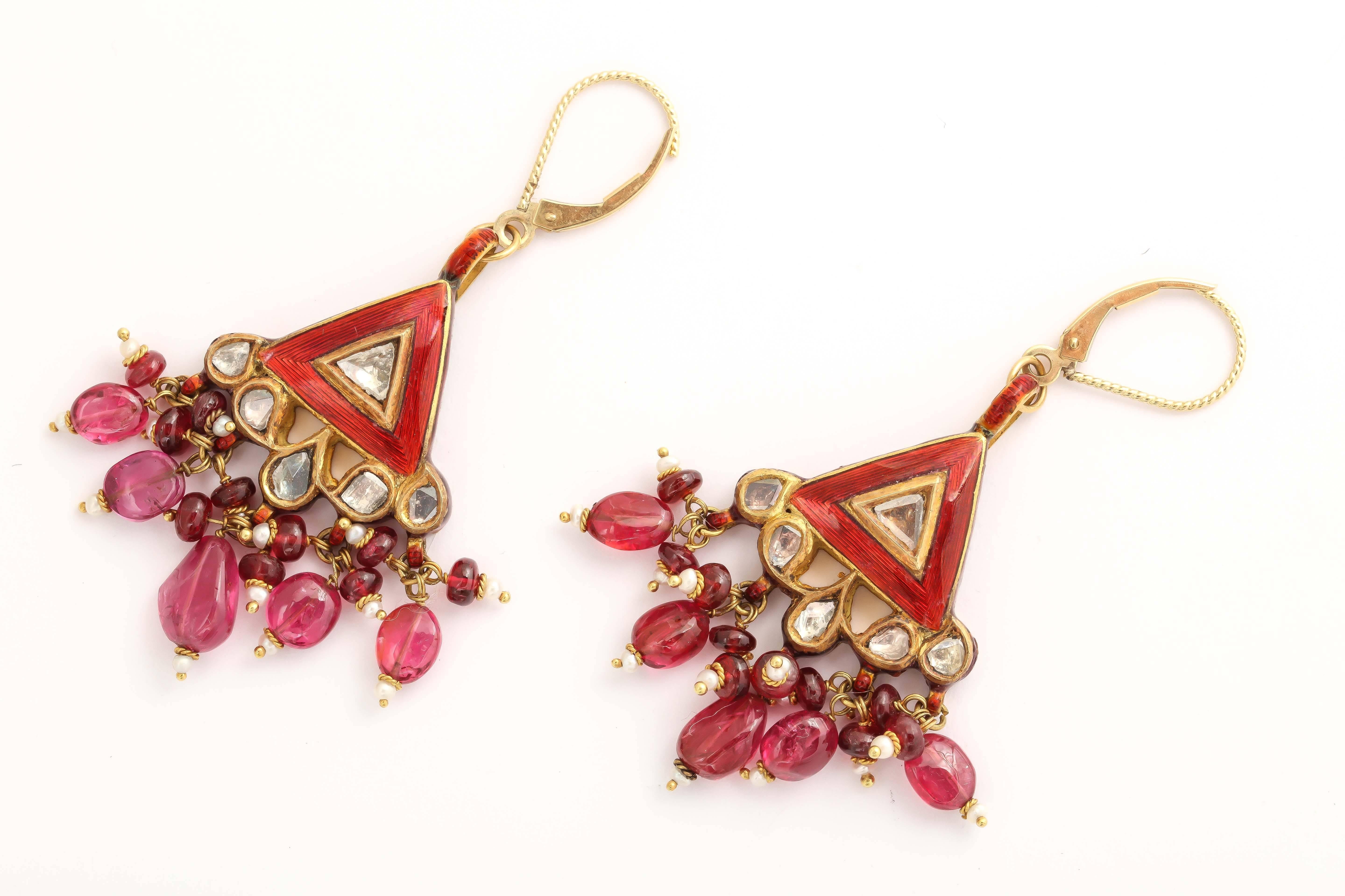 Women's Exotic Enamel Ruby Spinel Gold Indian Dangle Earring