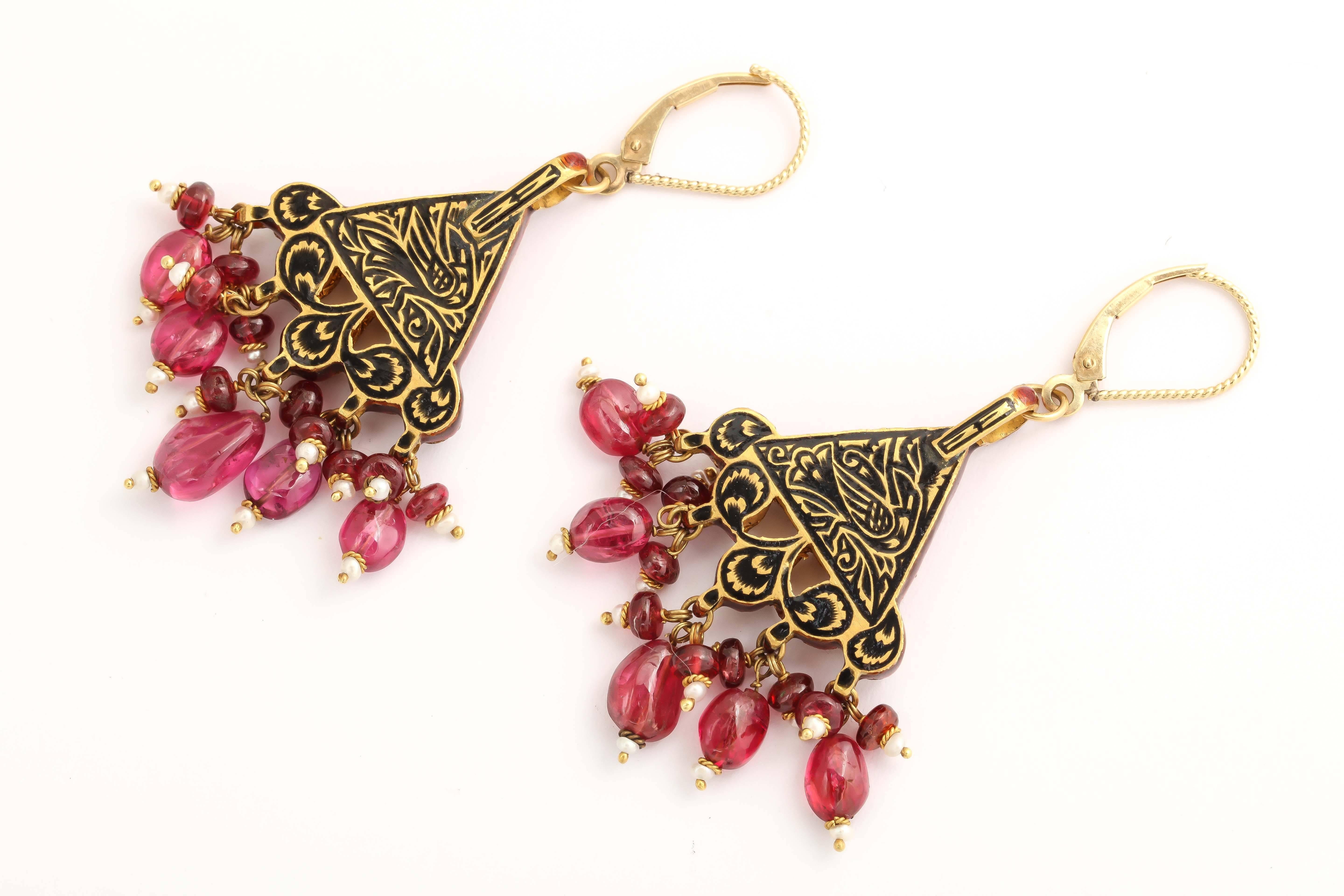 Exotic Enamel Ruby Spinel Gold Indian Dangle Earring 1