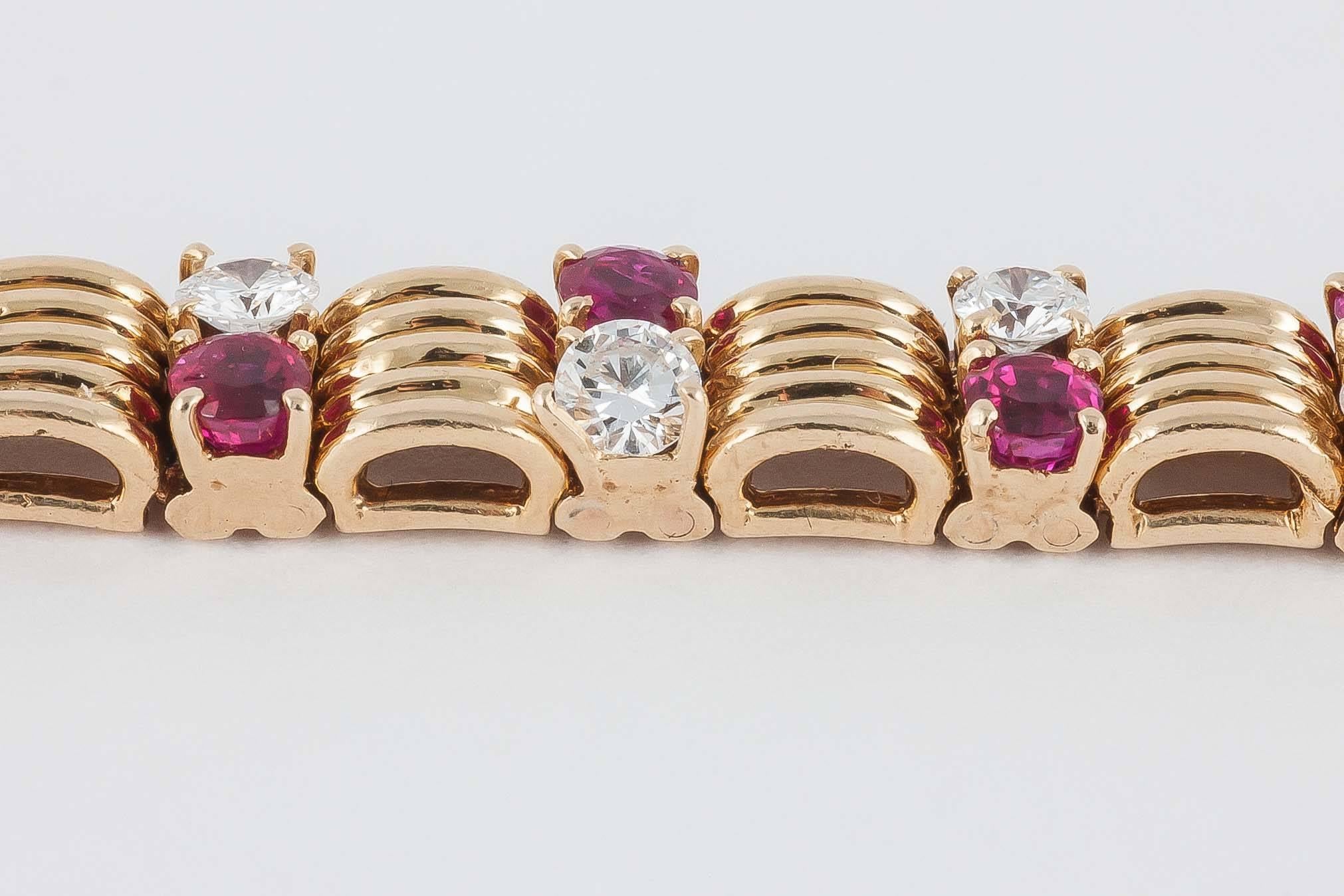 Modern 1960s Boucheron Ruby Diamond Gold Bracelet For Sale