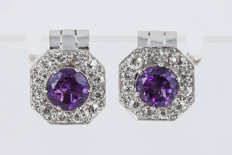 Amethyst Diamond Platinum Clip Earrings For Sale at 1stDibs