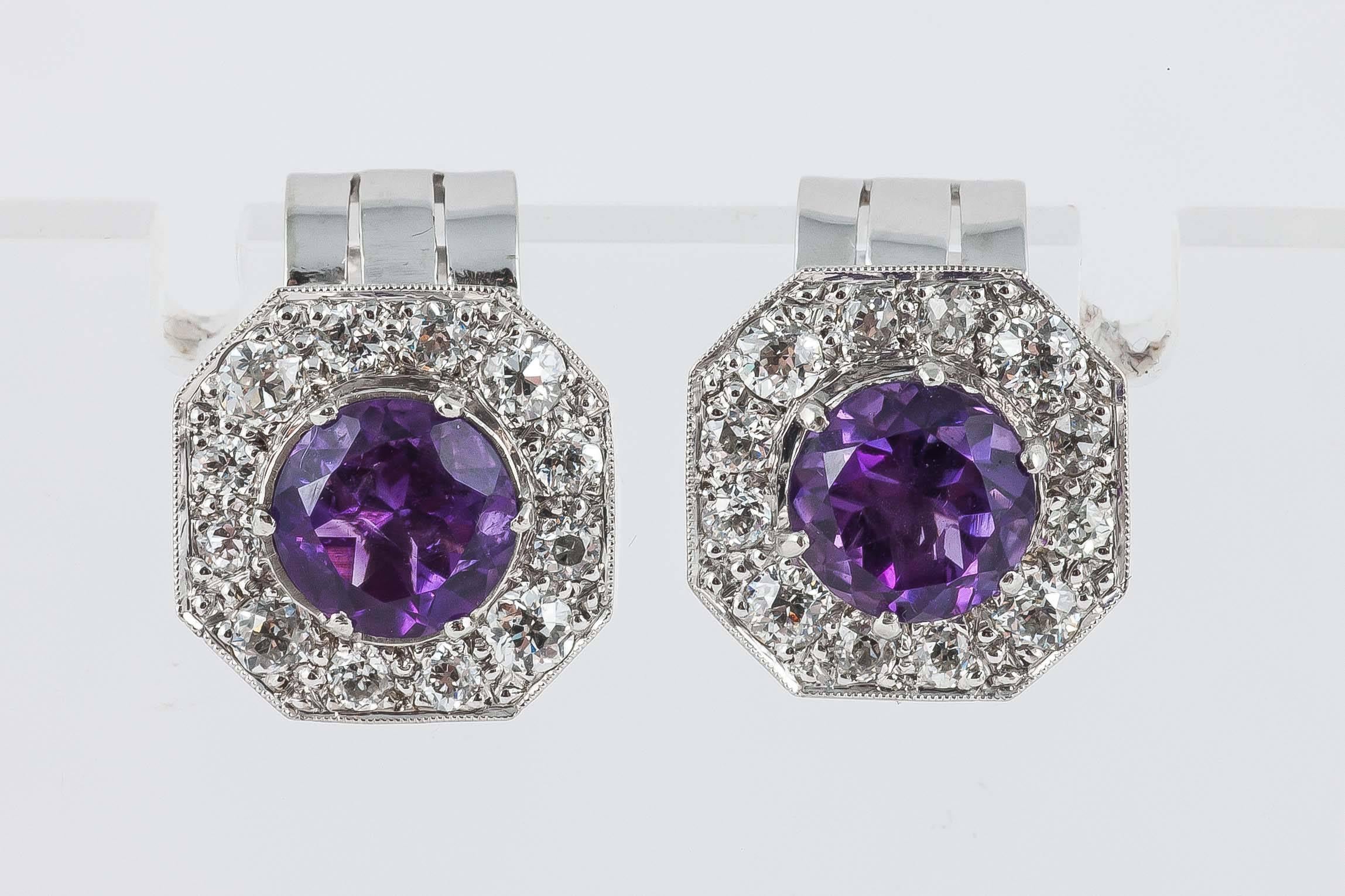 Octagonal Diamond earrings set with fine Amethyst in Platinum