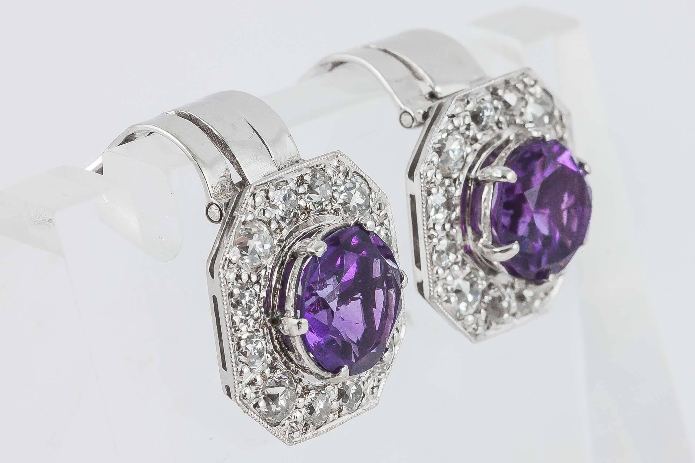 Modern Amethyst Diamond Platinum Clip Earrings For Sale