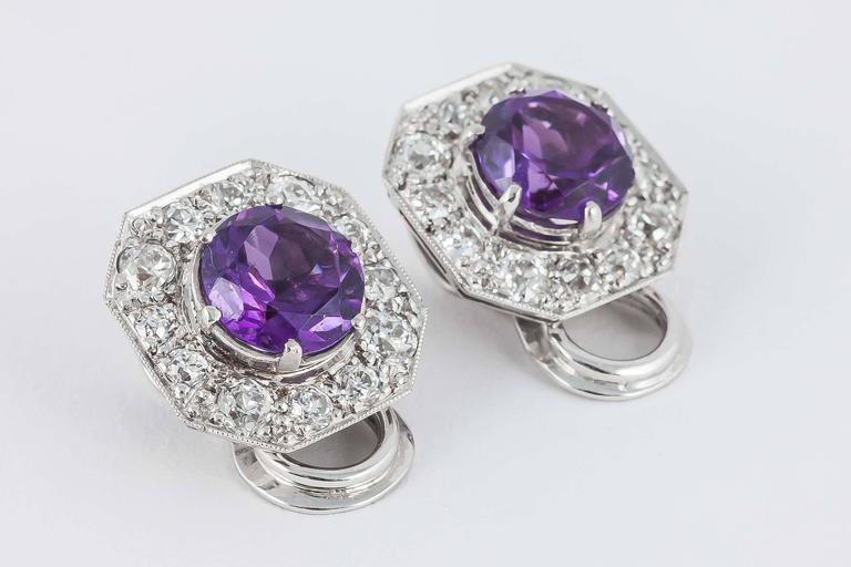 Amethyst Diamond Platinum Clip Earrings For Sale at 1stDibs