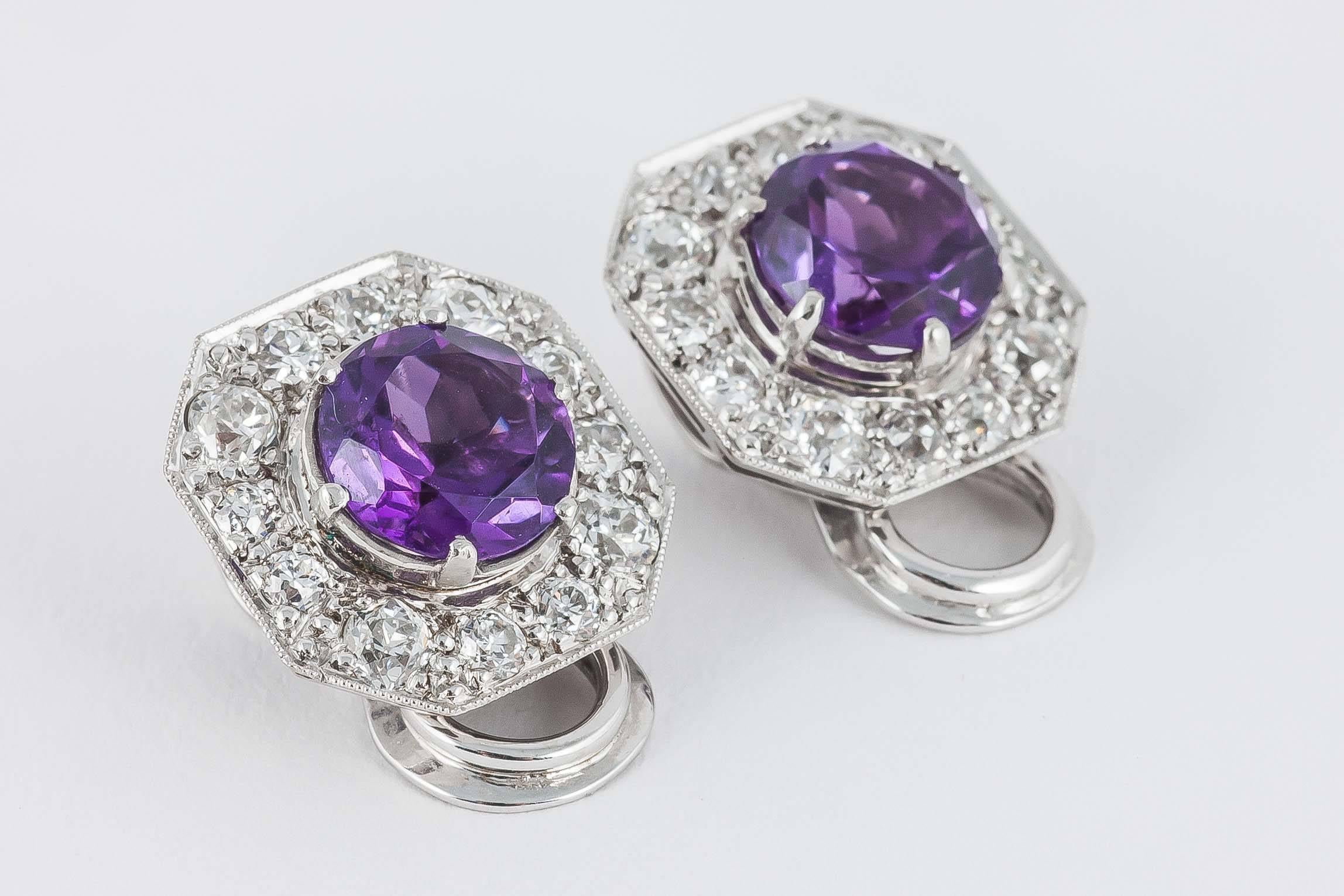 Amethyst Diamond Platinum Clip Earrings In Excellent Condition For Sale In London, GB