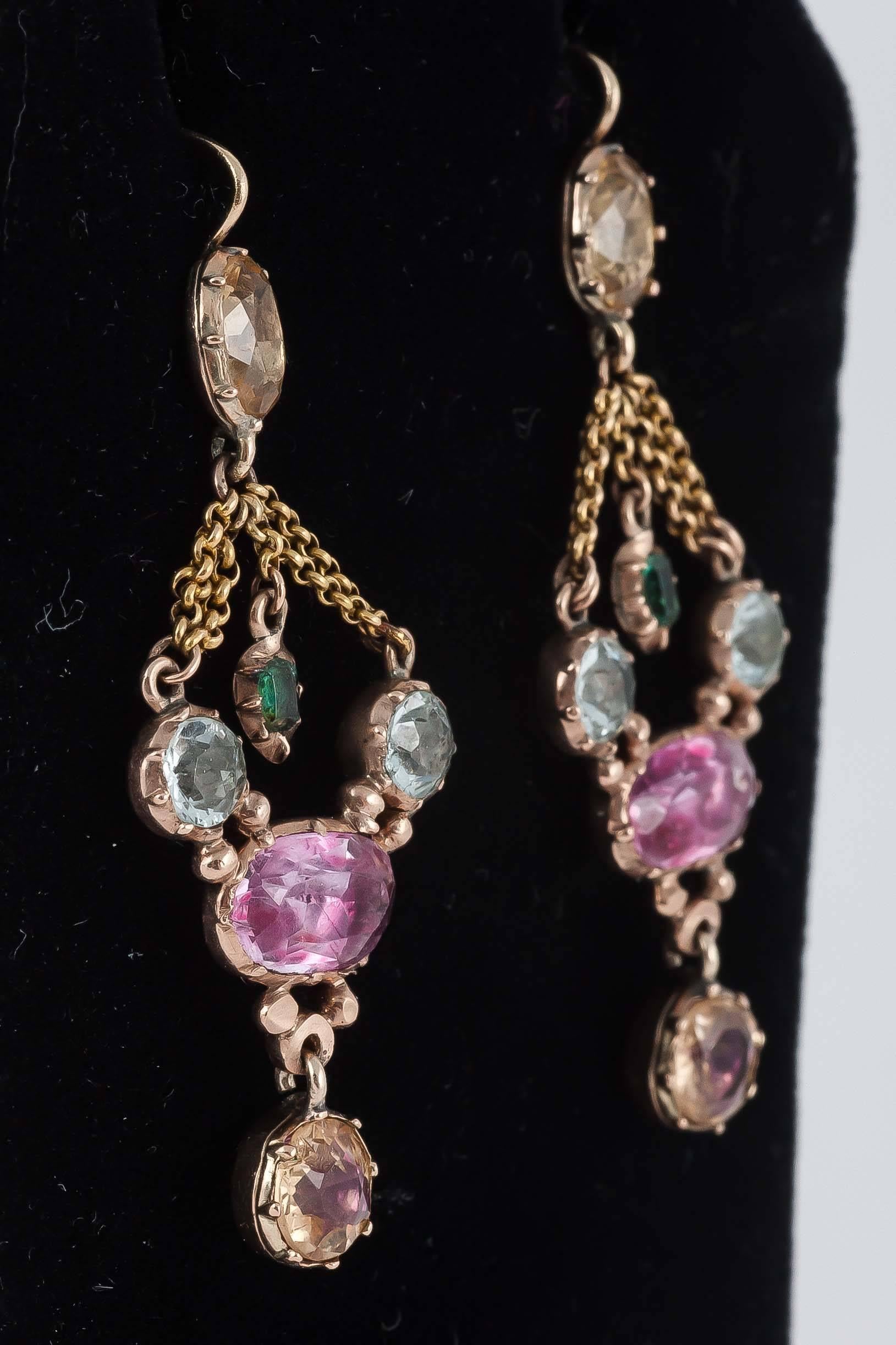 Georgian Multicoloured Gem Gold Earrings In Excellent Condition For Sale In London, GB