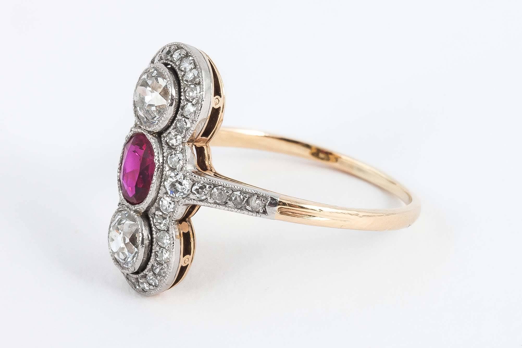 Edwardian Ruby Diamond Gold Platinum Ring For Sale 1