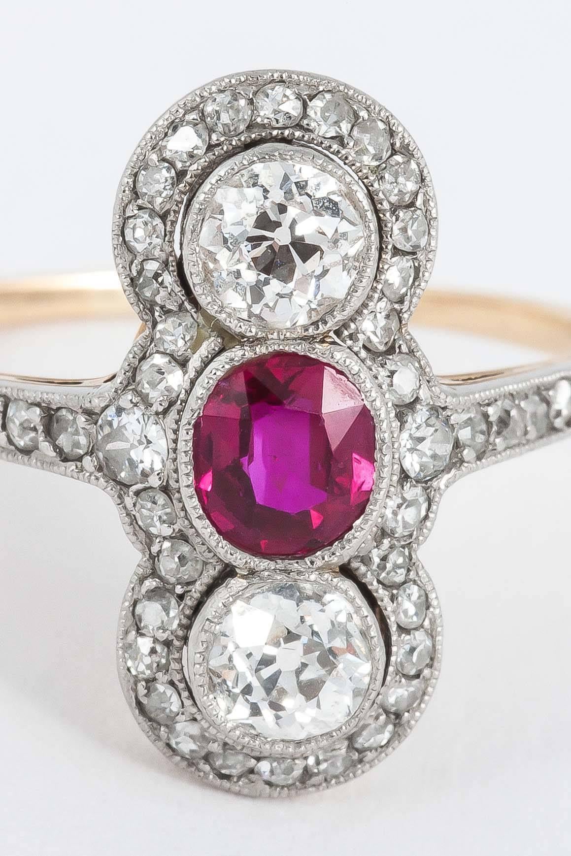 Edwardian Ruby Diamond Gold Platinum Ring For Sale 2