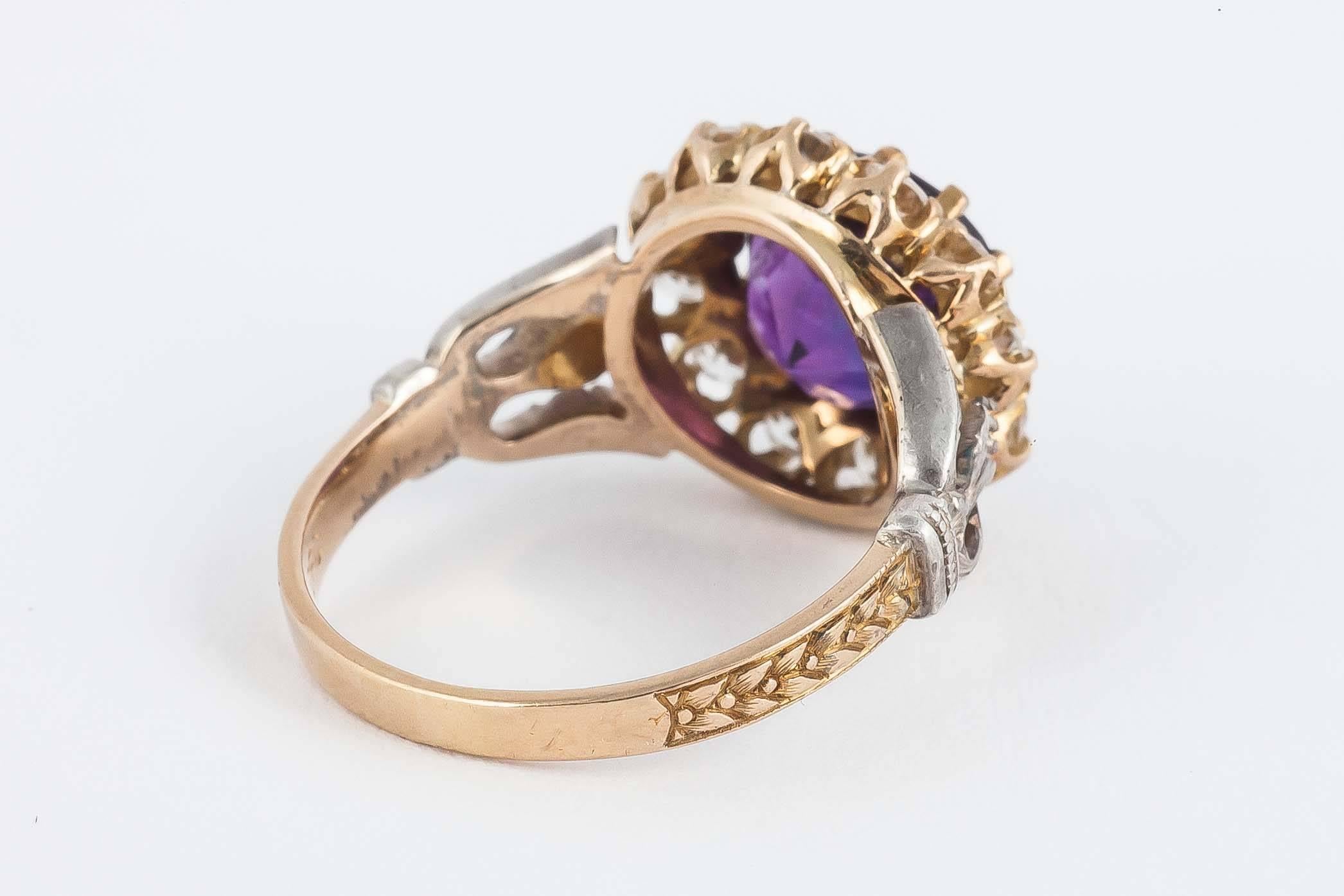 Victorian Edwardian Amethyst Diamond Gold Cluster Ring