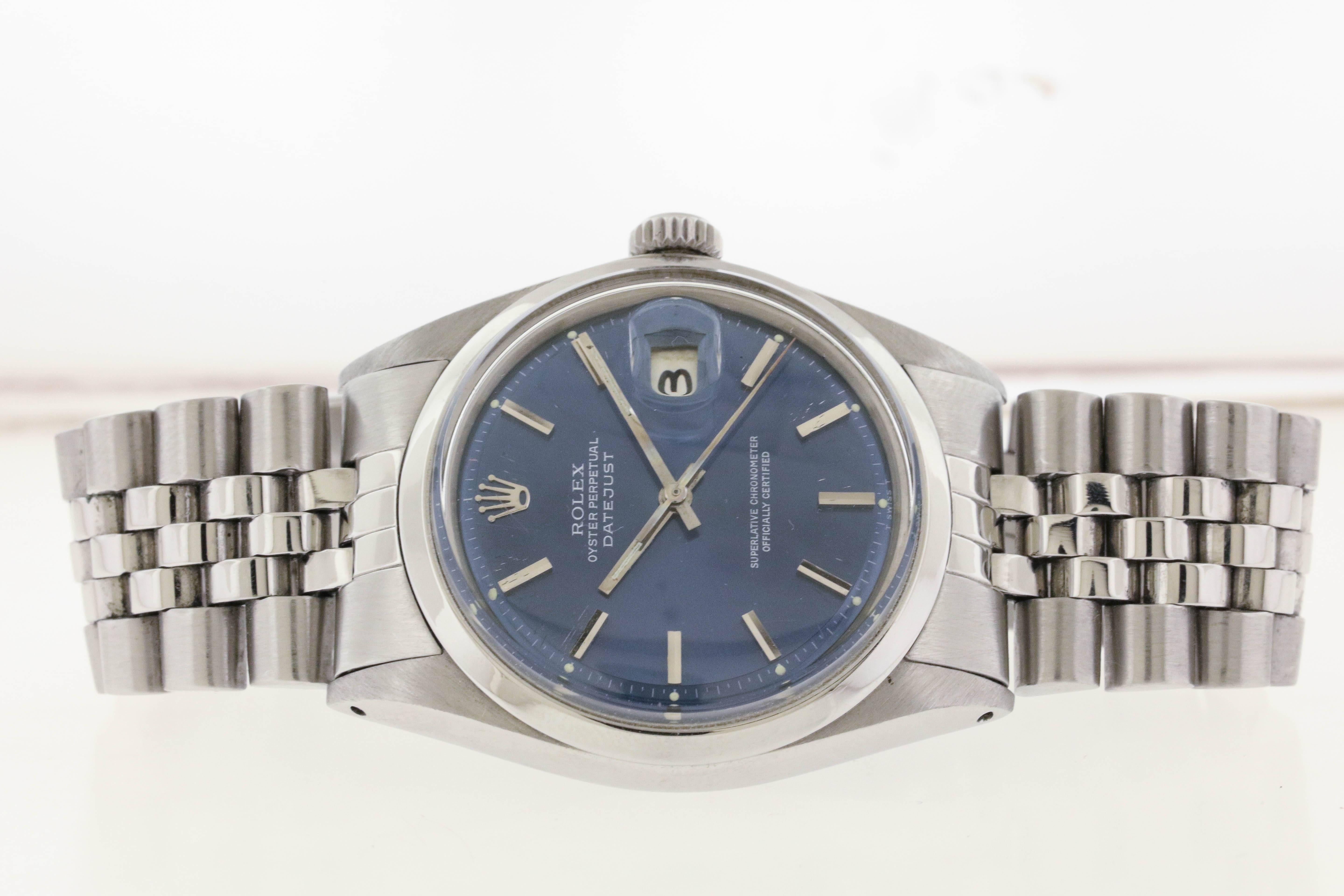 Stainless steel Rolex Oyster Perpetual Datejust, Ref. 1600, made in 1967, is a center seconds, self-winding, water-resistant, stainless steel chronometer wristwatch with date and steel Jubilee bracelet.  The 36mm case has a screw-down case back and