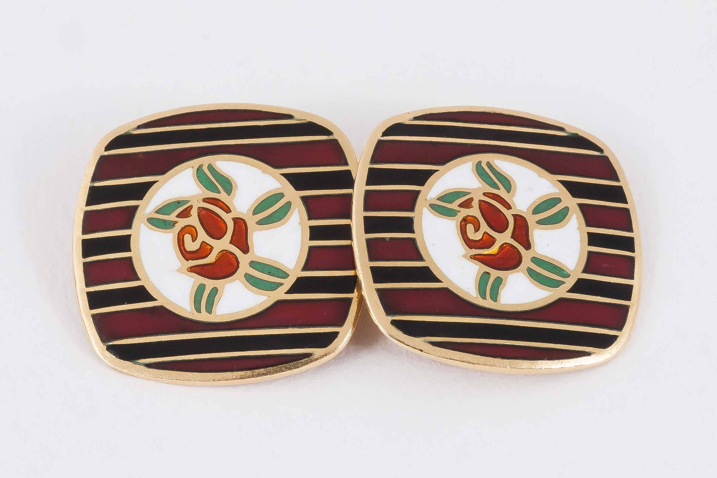 Pair of French made cufflinks faced in coloured enamel centreing a rose,18kt gold,c,1910