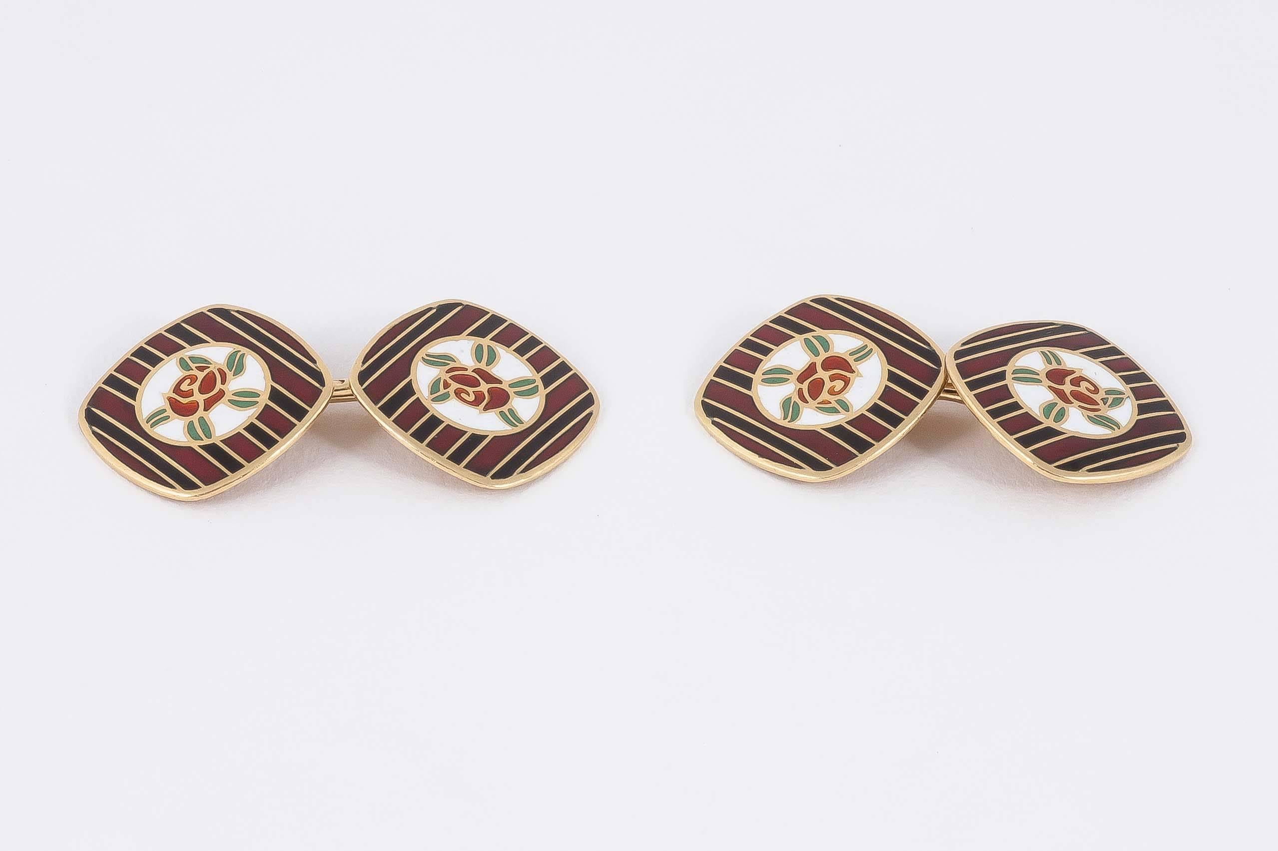 Women's or Men's Cufflinks, French  with Coloured Enamel floral design Gold, French c, 1910