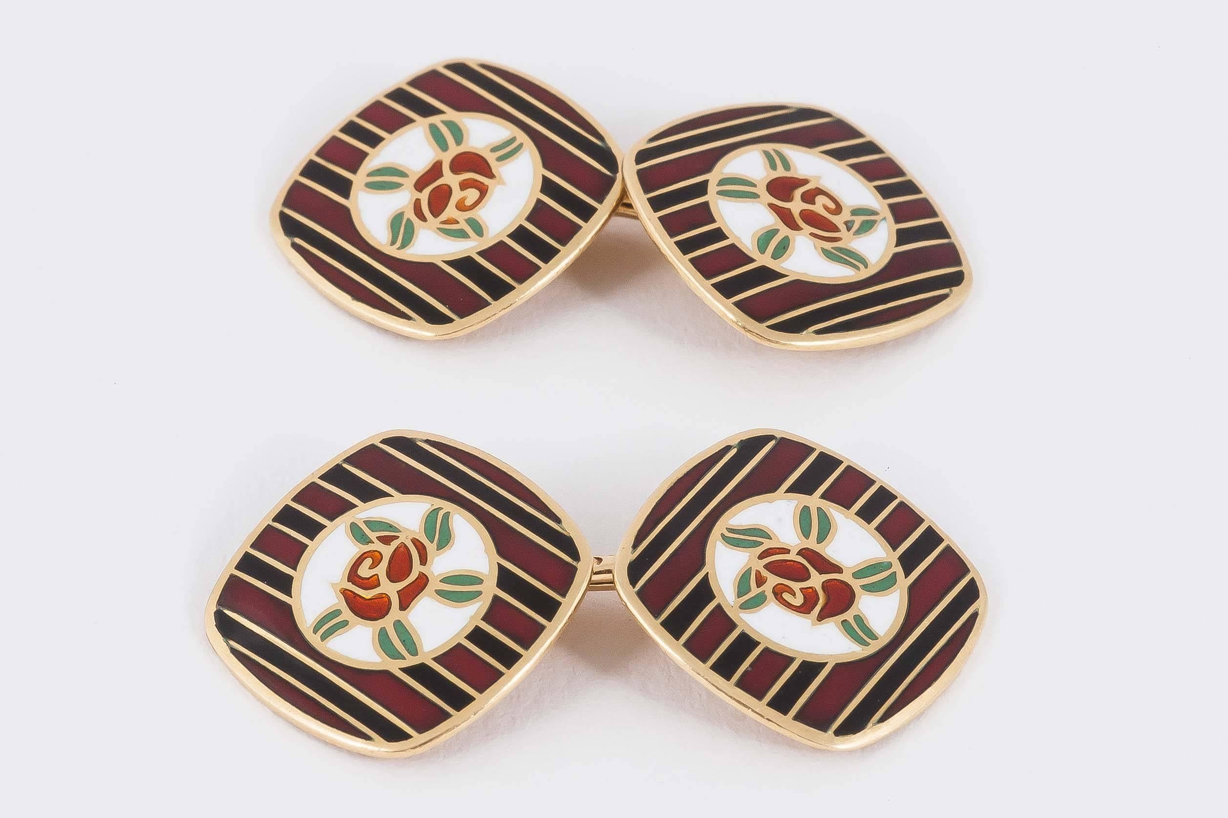 Cufflinks, French  with Coloured Enamel floral design Gold, French c, 1910 1