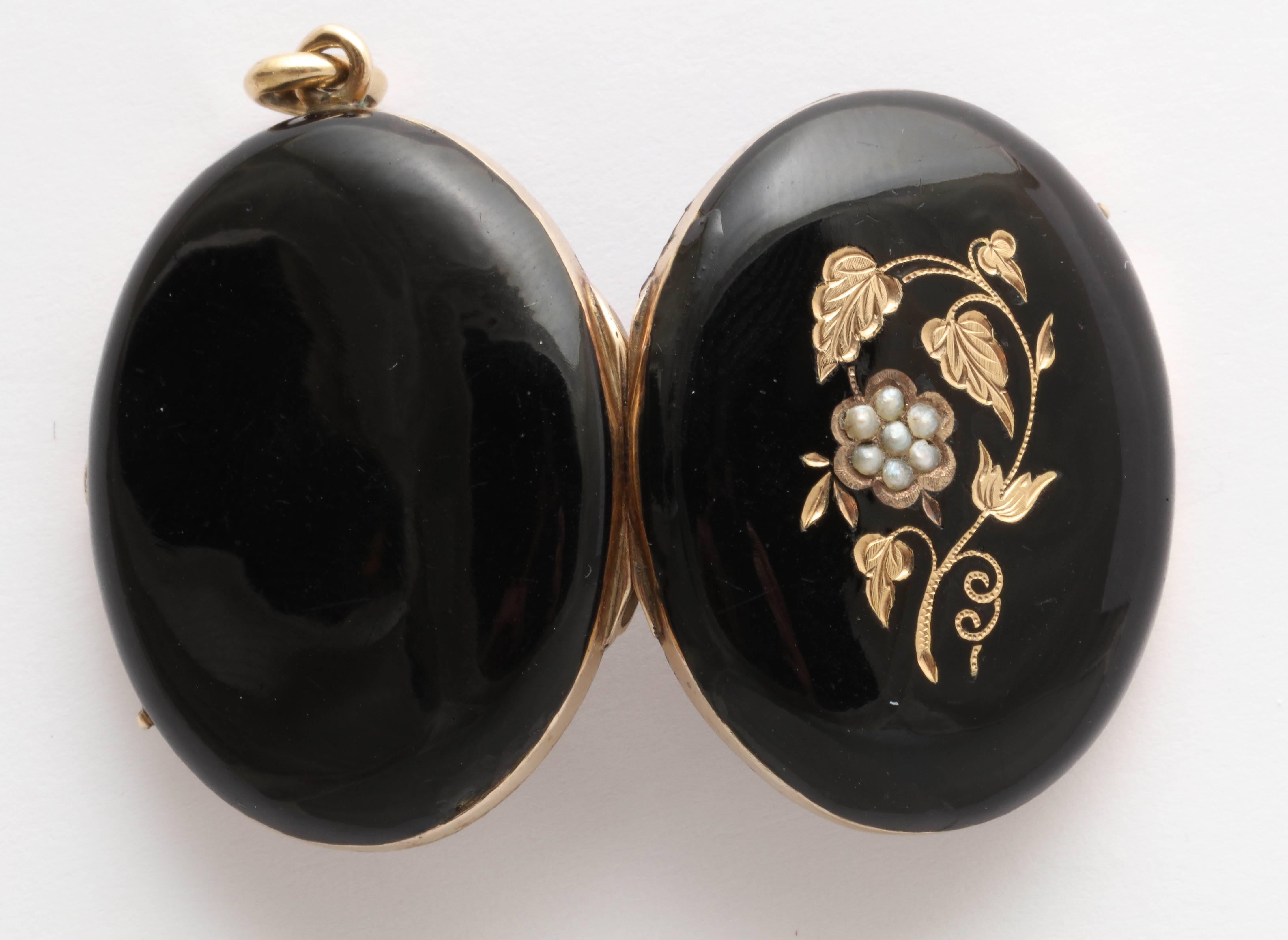 Victorian Black Enamel Seed Pearl Gold Locket 2