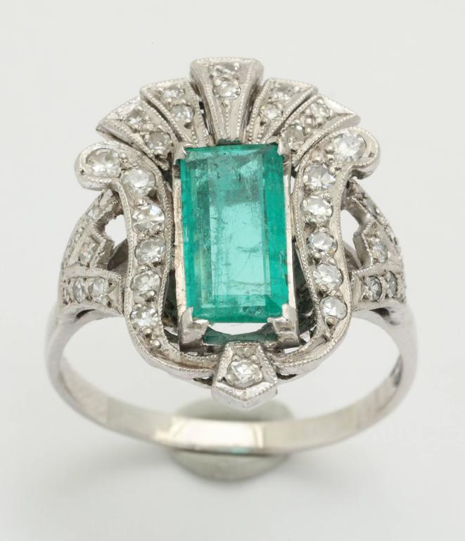 1930s Emerald Diamond Platinum Dinner Style Ring at 1stdibs