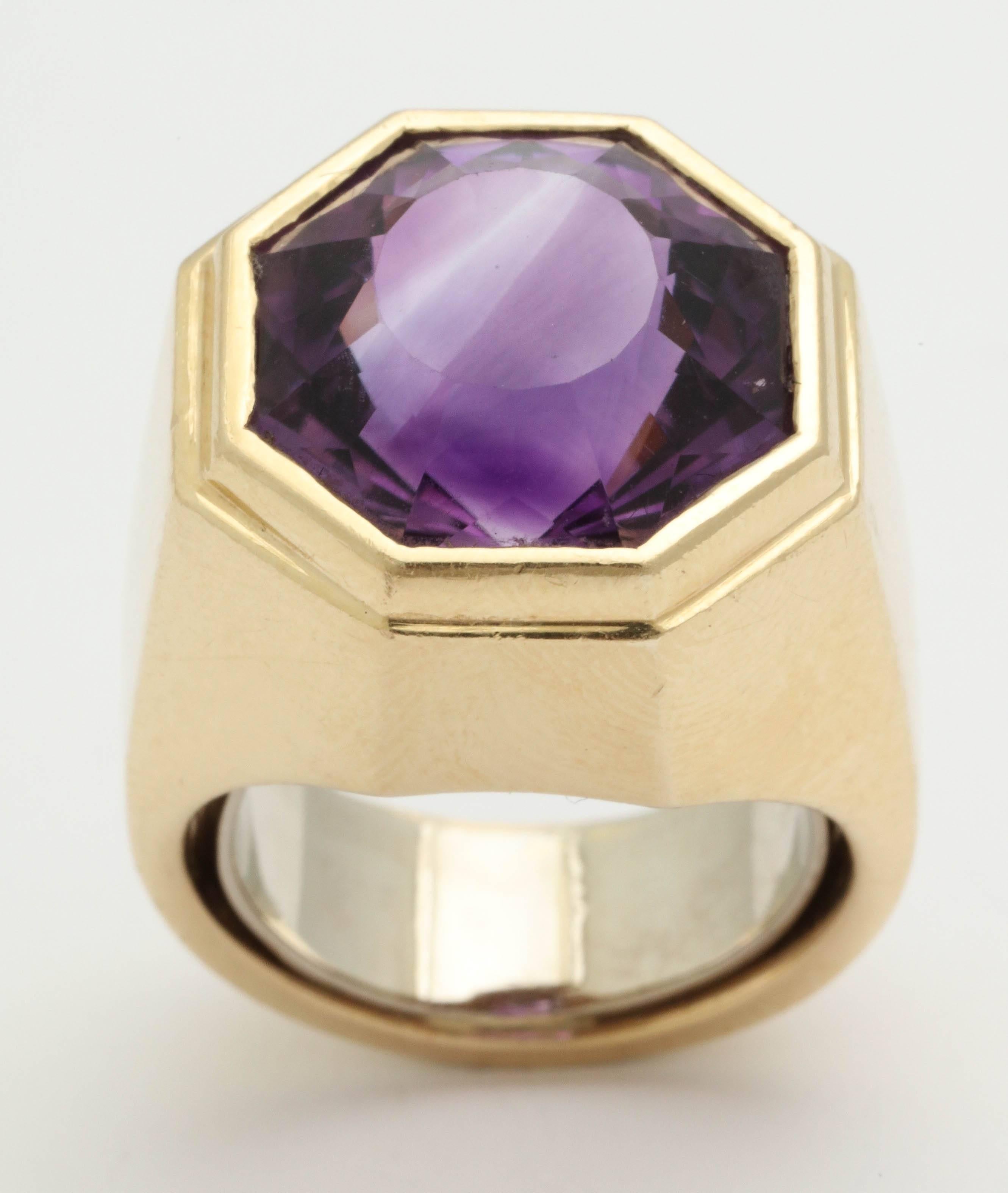 14kt Yellow Gold Cocktail Ring Consisting Of 1 Super High Quality And Beautiful  Color Octagonal Cut Amethyst Weighing Approximately 10 Carats. American Made In The 1960's.