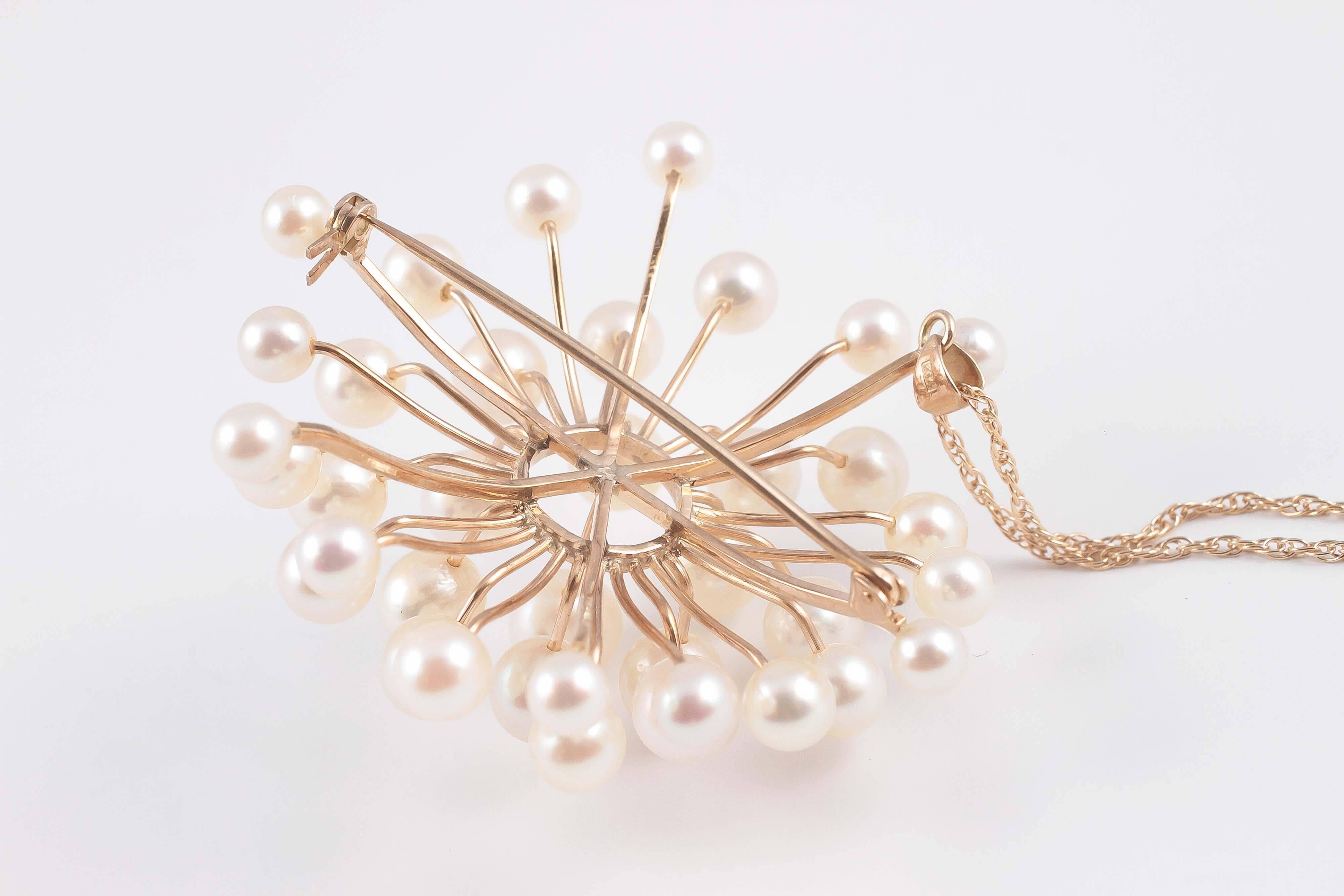 1970's Gold Pin Pendant in a Spray of Cultured Pearls 2