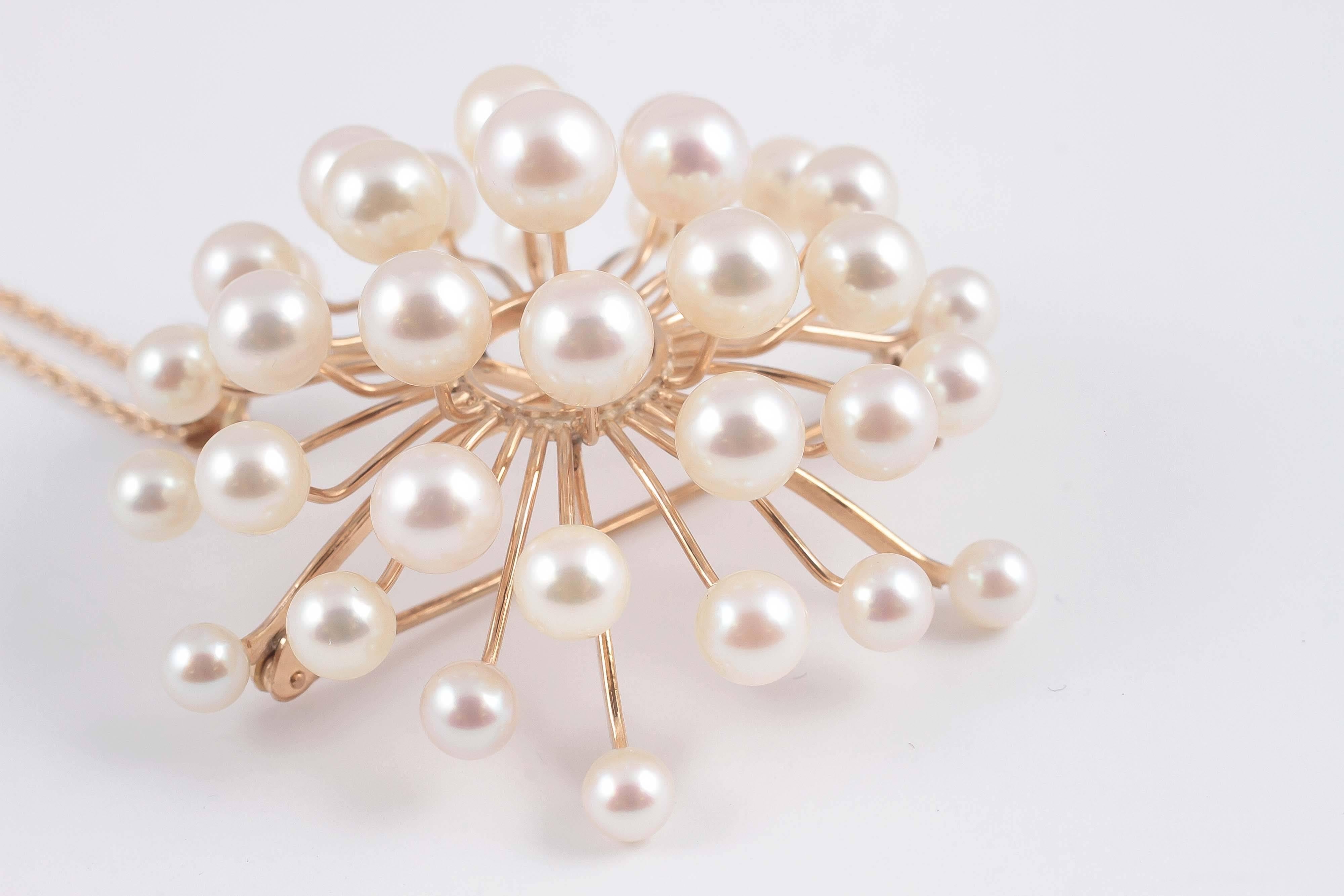 1970's Gold Pin Pendant in a Spray of Cultured Pearls 3