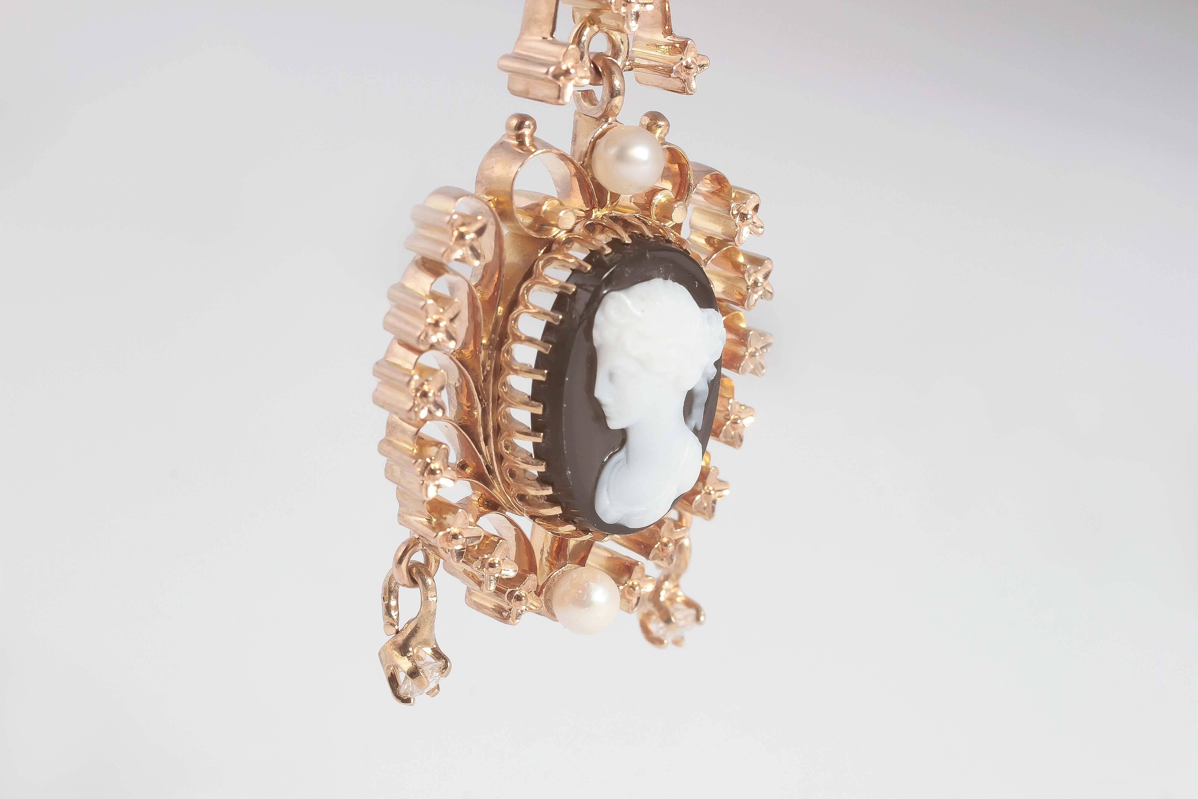 Edwardian Pearl Onyx Diamond Cameo Two Color Gold Pendant