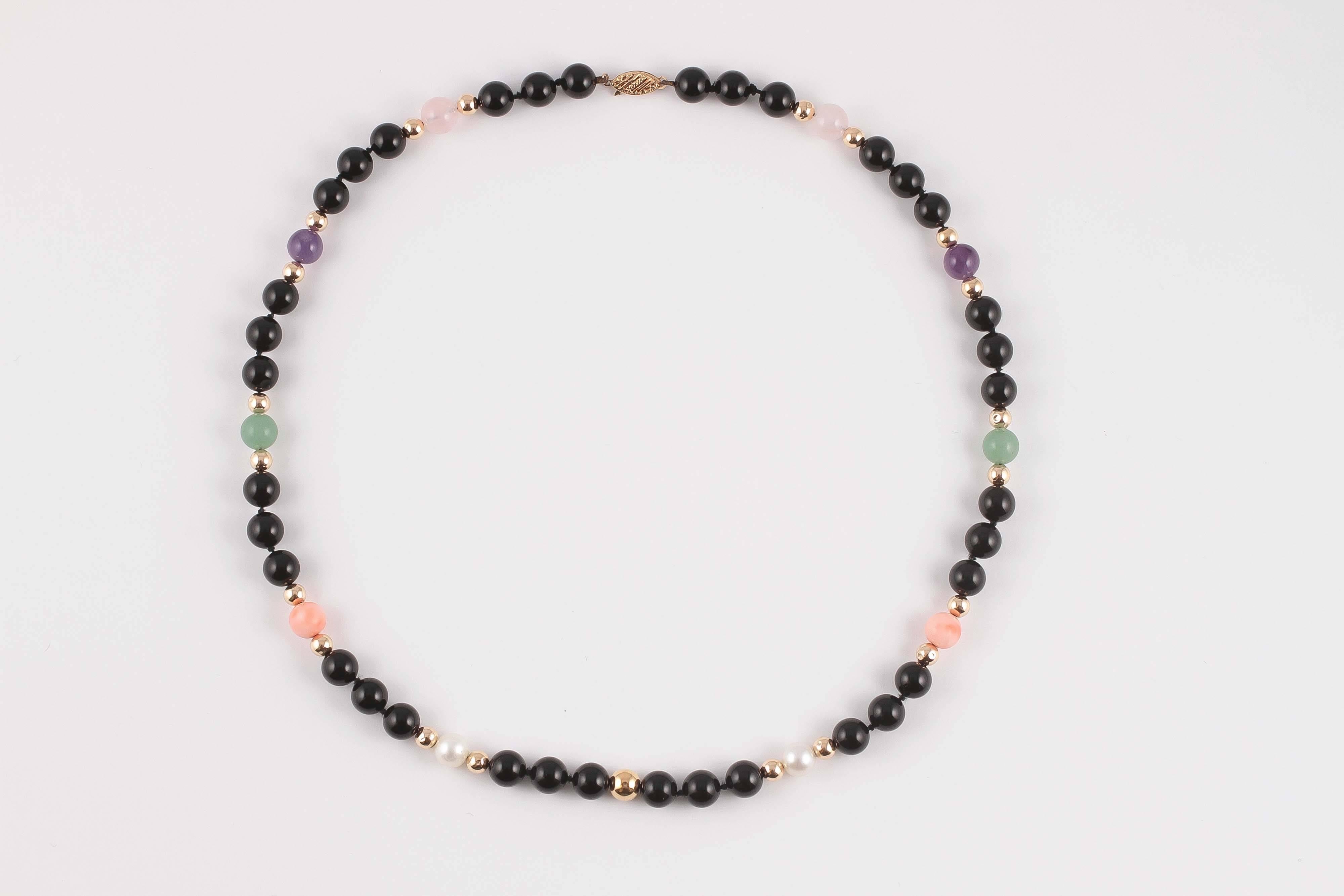 Coral Black Onyx Quartz Pearl Gold Necklace 1