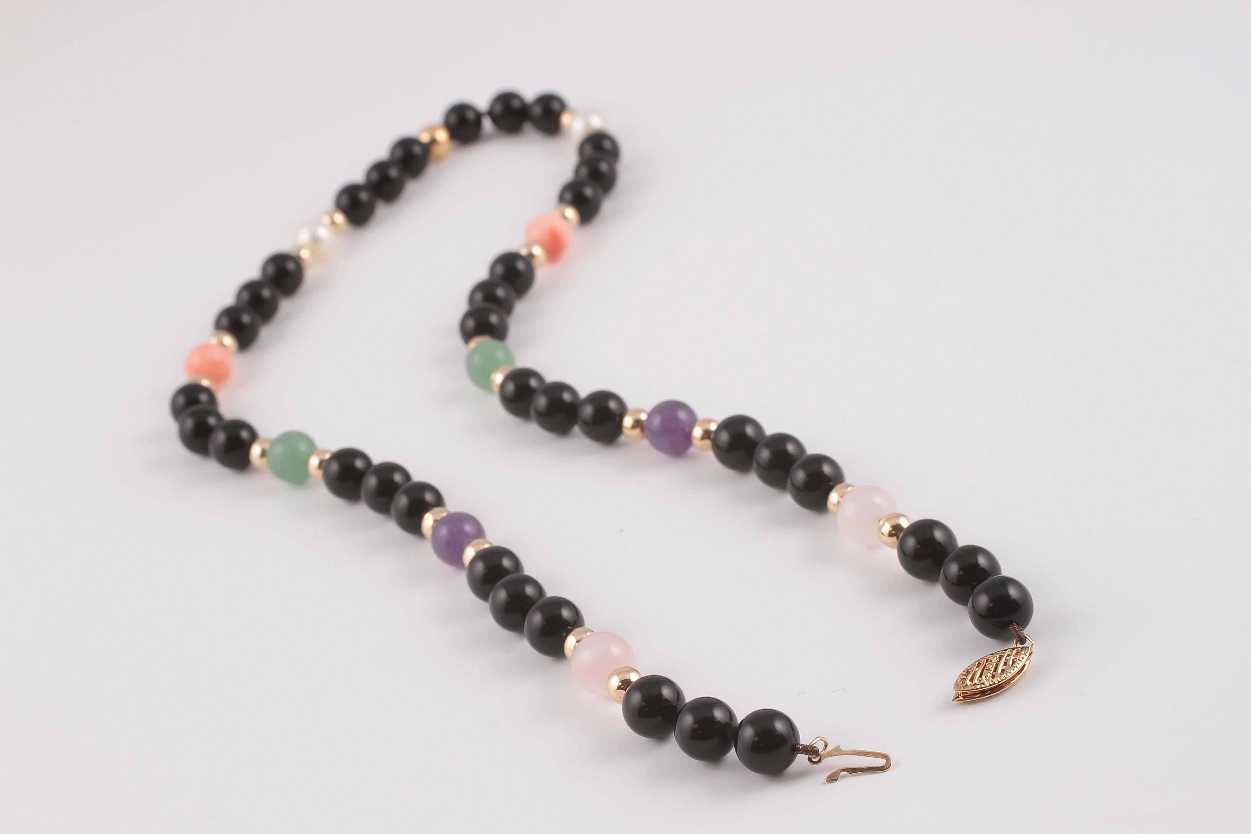 Coral Black Onyx Quartz Pearl Gold Necklace 2