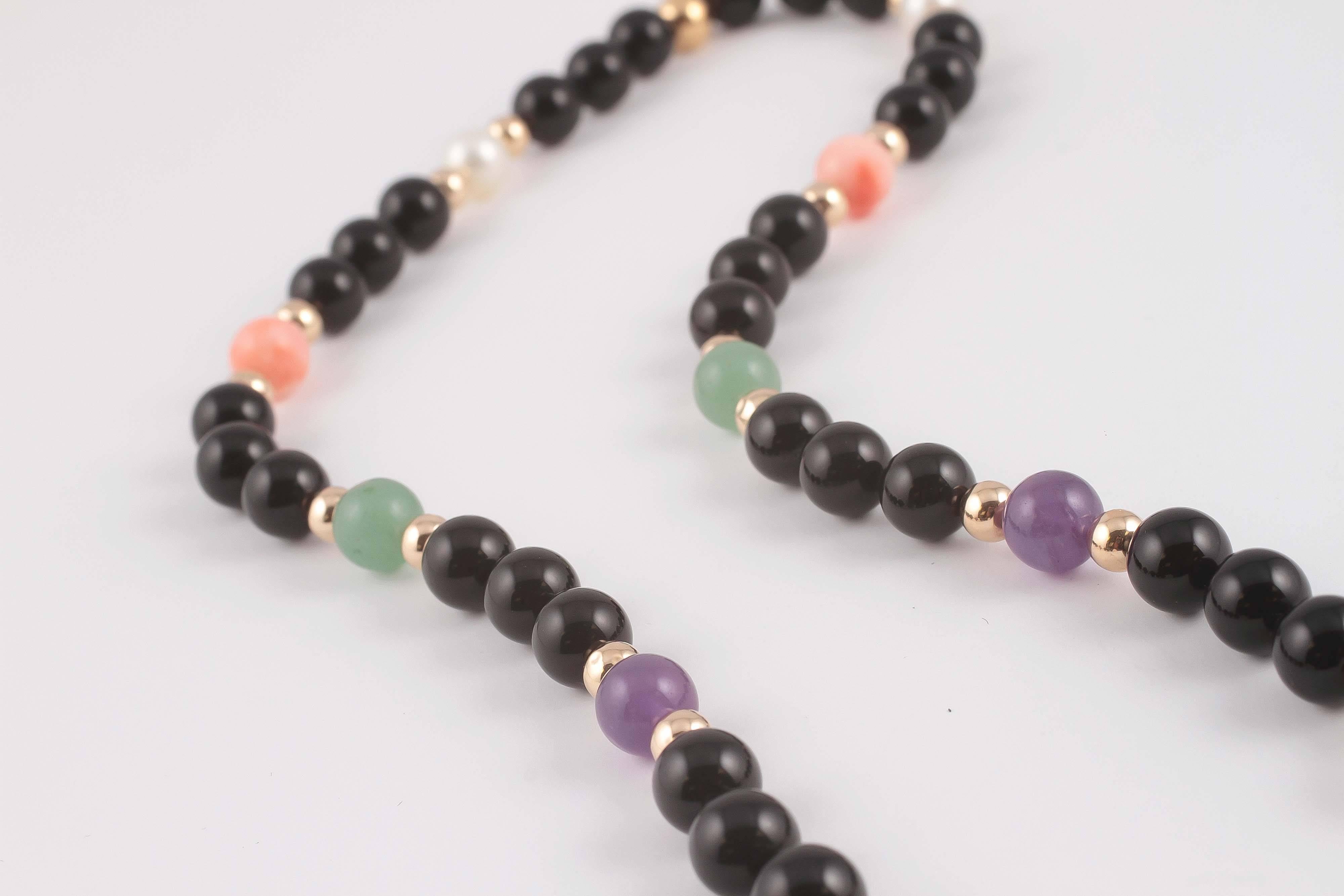 Coral Black Onyx Quartz Pearl Gold Necklace 3