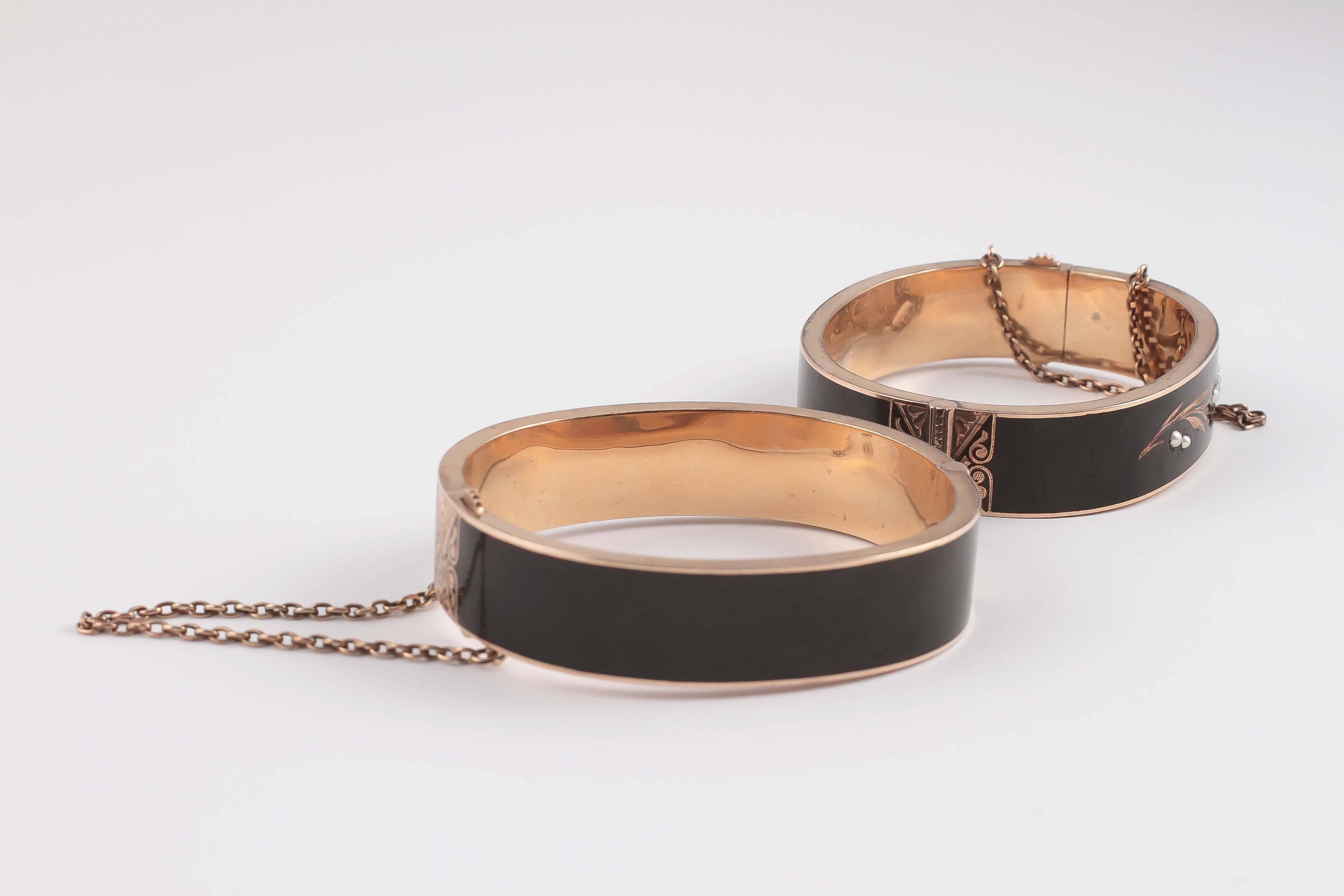Women's Two Victorian Seed Pearl Gold Enamel Mourning Bracelets