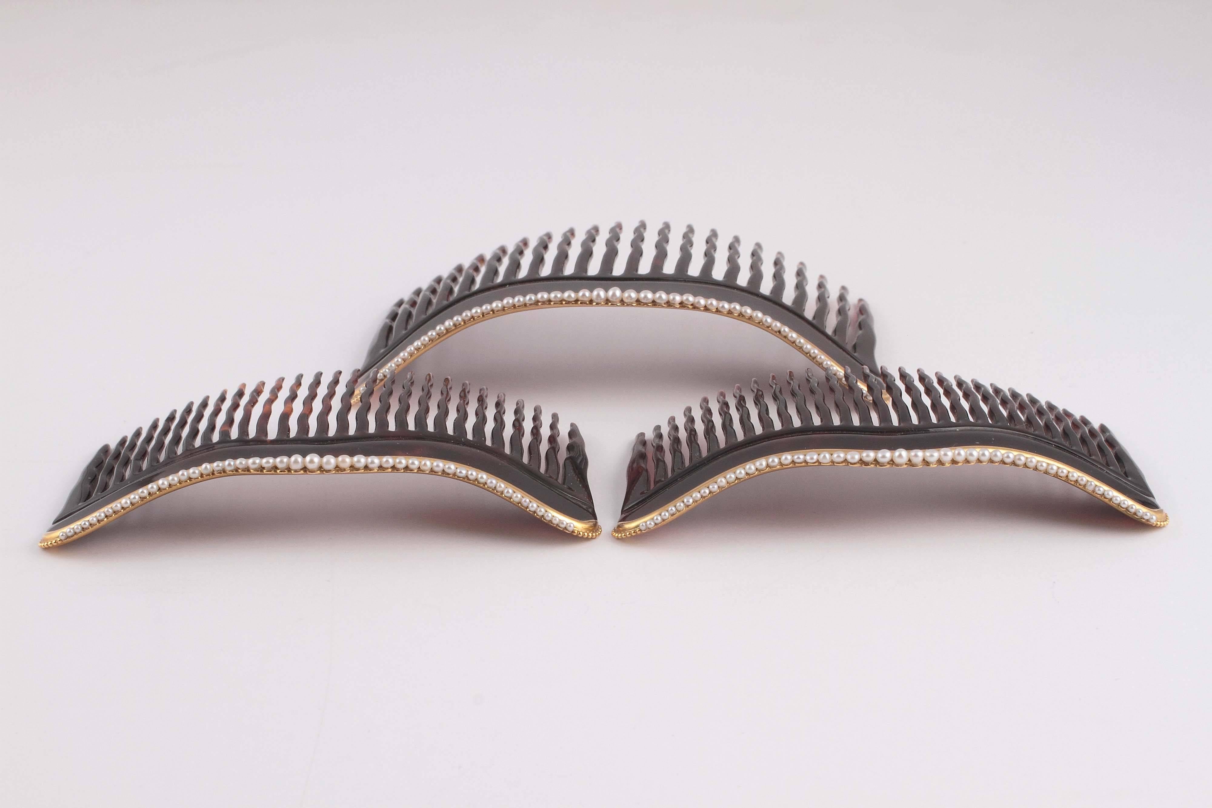 Women's or Men's Trio of Edwardian Natural Pearl Tortoiseshell Gold Combs