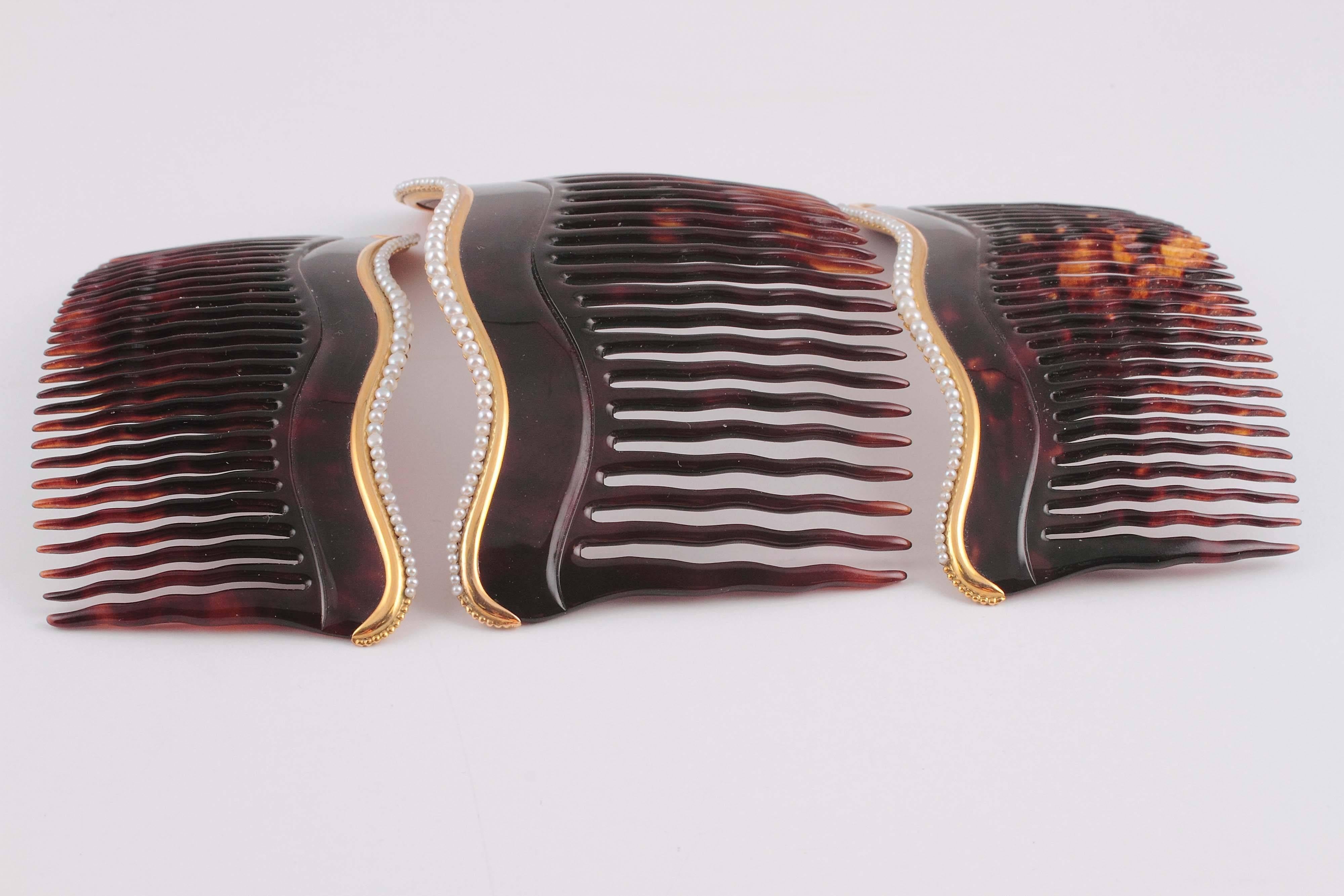 Trio of Edwardian Natural Pearl Tortoiseshell Gold Combs 4