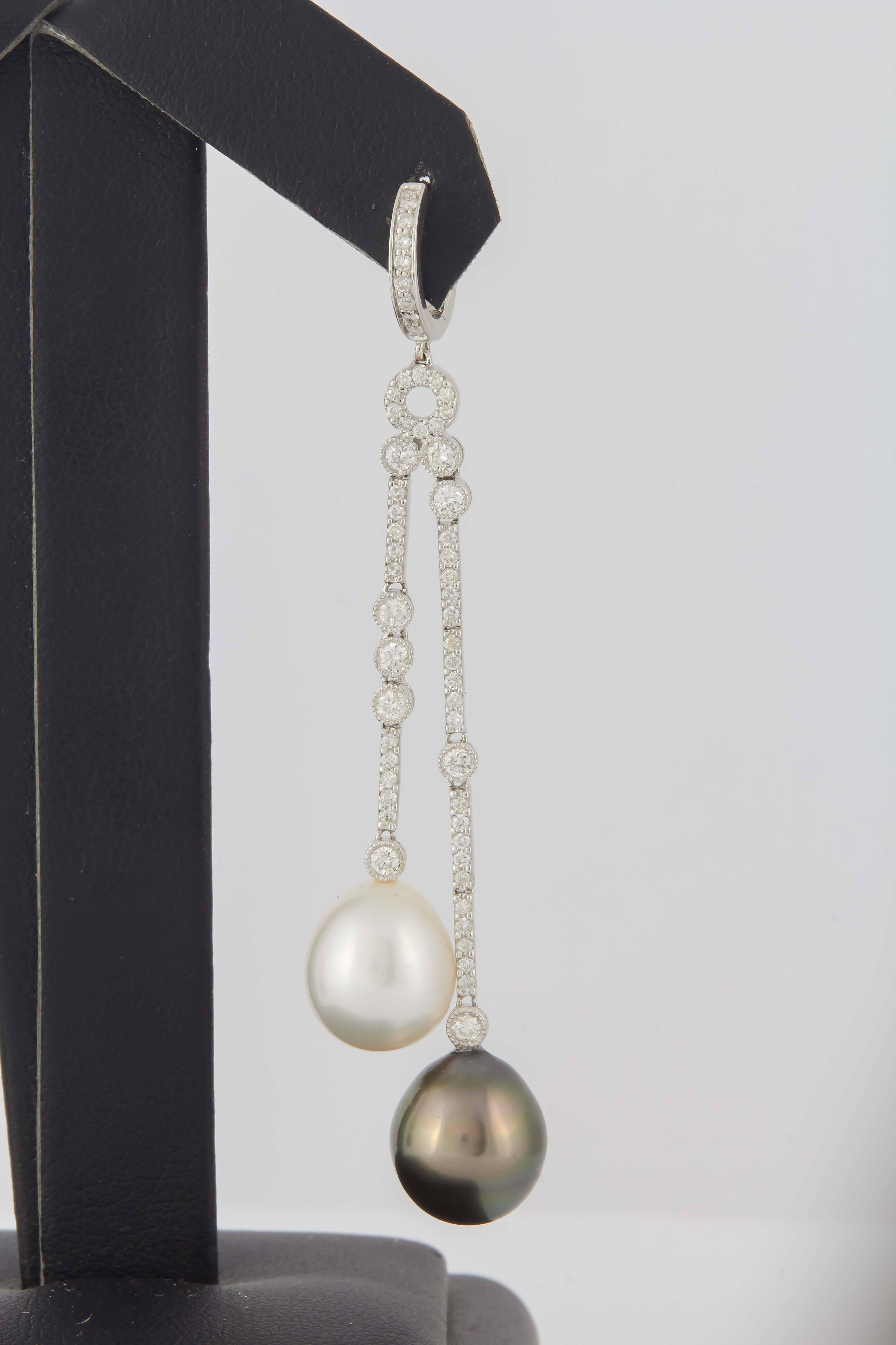 Contemporary South Sea and Tahitian Pearl Diamond Gold Dangle Earrings