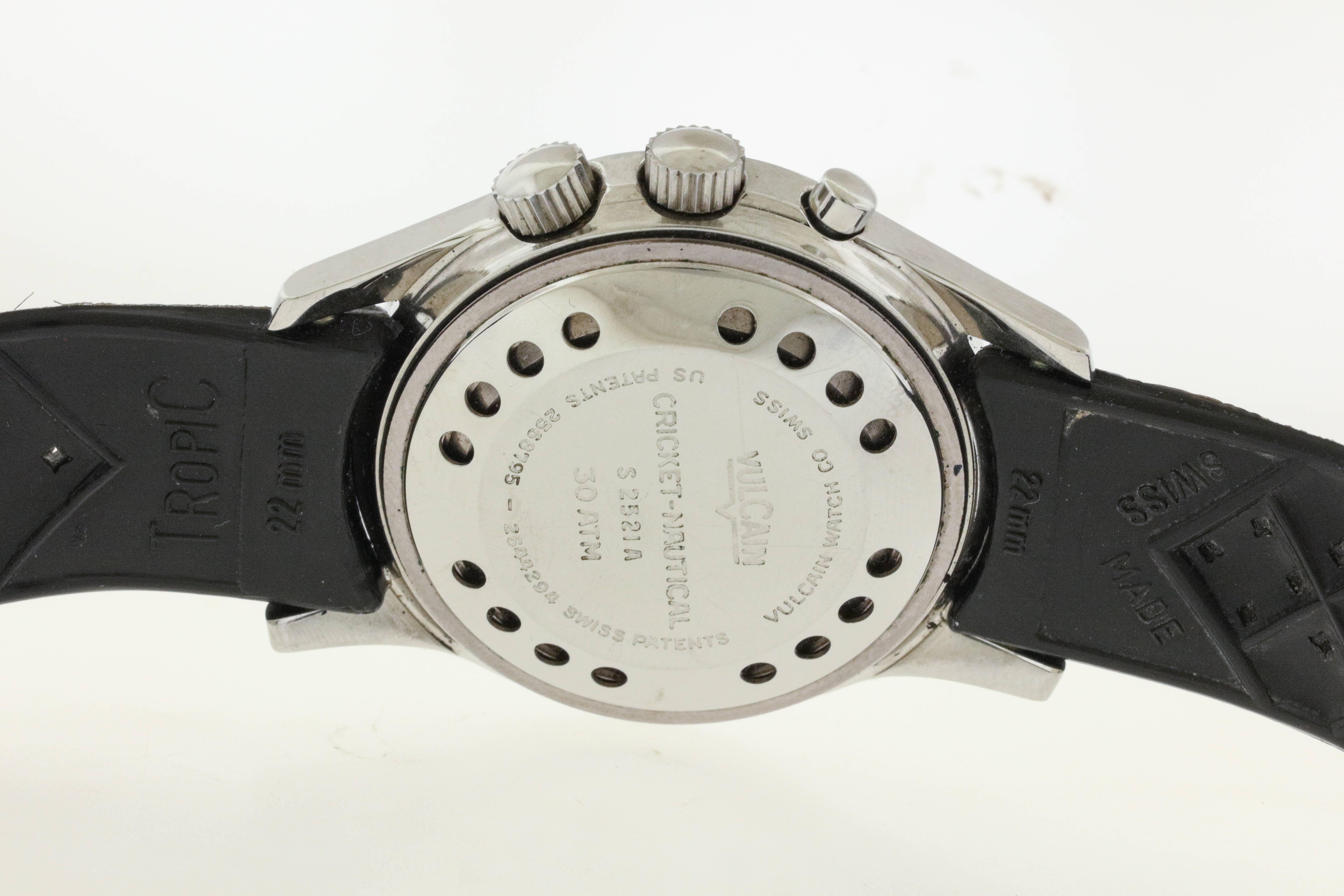 Stainless steel Vulcain Cricket- Nautical diver's watch with alarm, circa 1961, No S 2321A, is a 42mm new-old stock wristwatch in extraordinary condition. The double-cased screw-down and snap-back waterproof design is engraved 