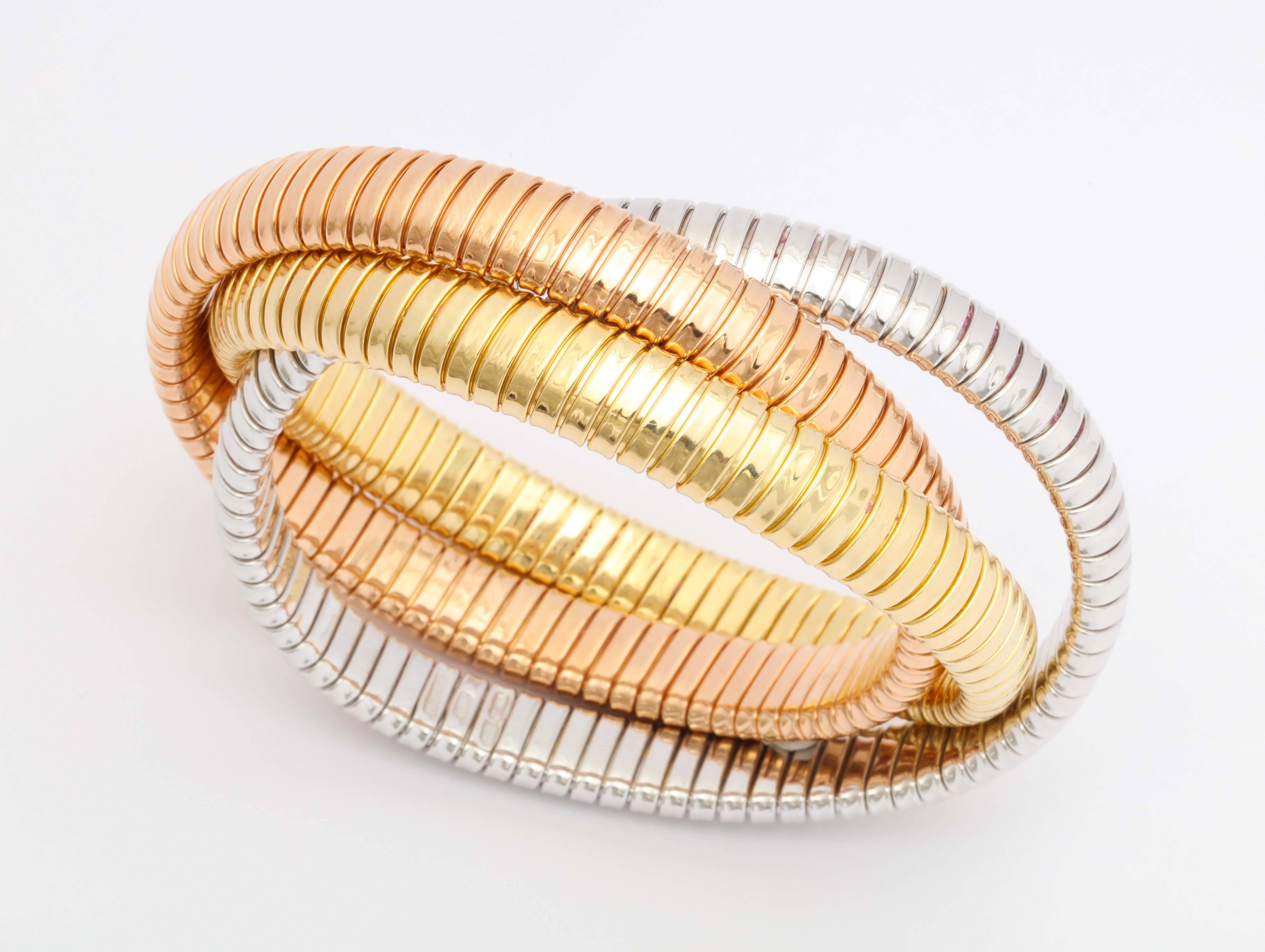  Three Color Gold Tubogaz Rolling Bracelet In New Condition In New York, NY