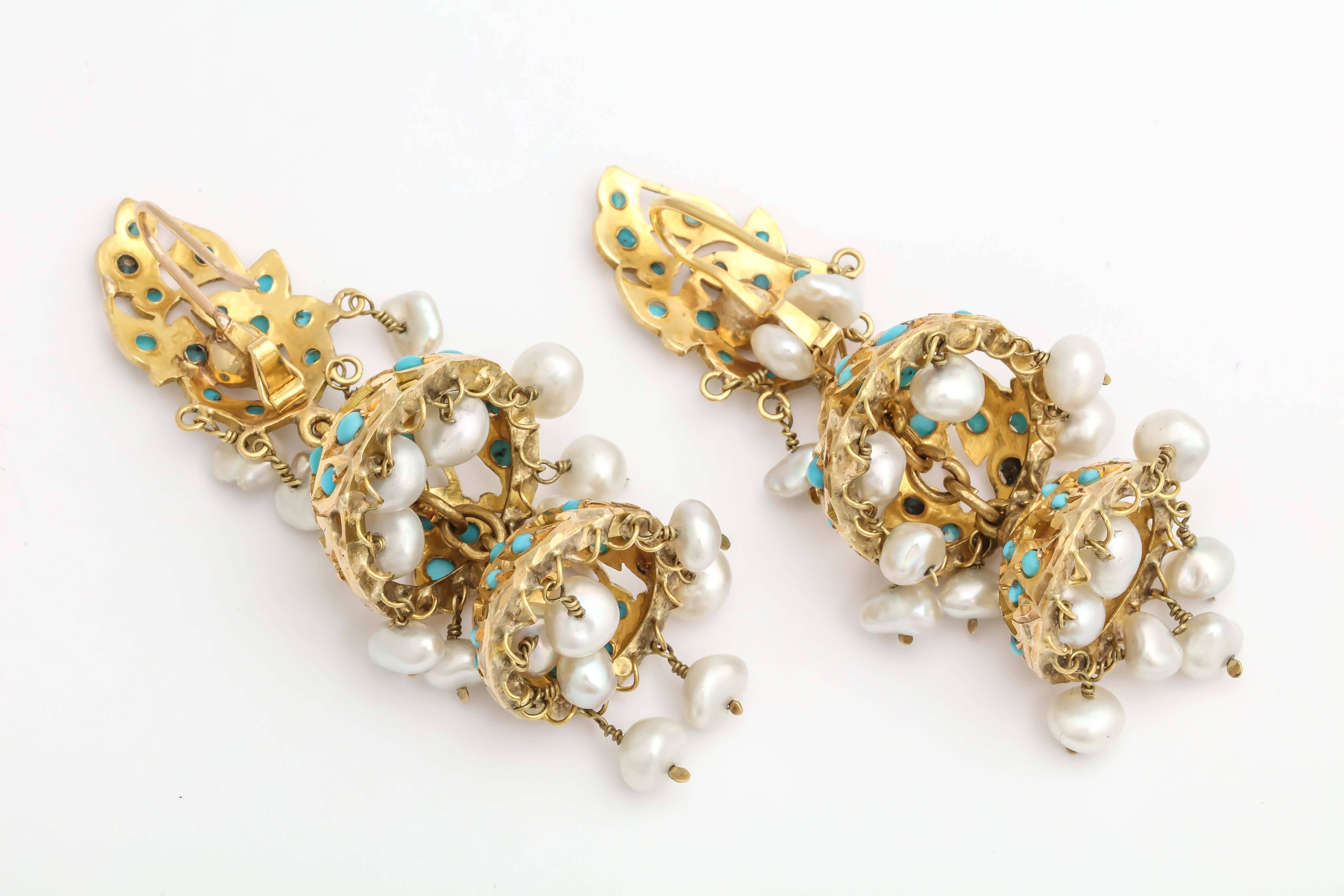 Turquoise  Pearls Gold  Tier Chandelier Earrings In Good Condition In New York, NY