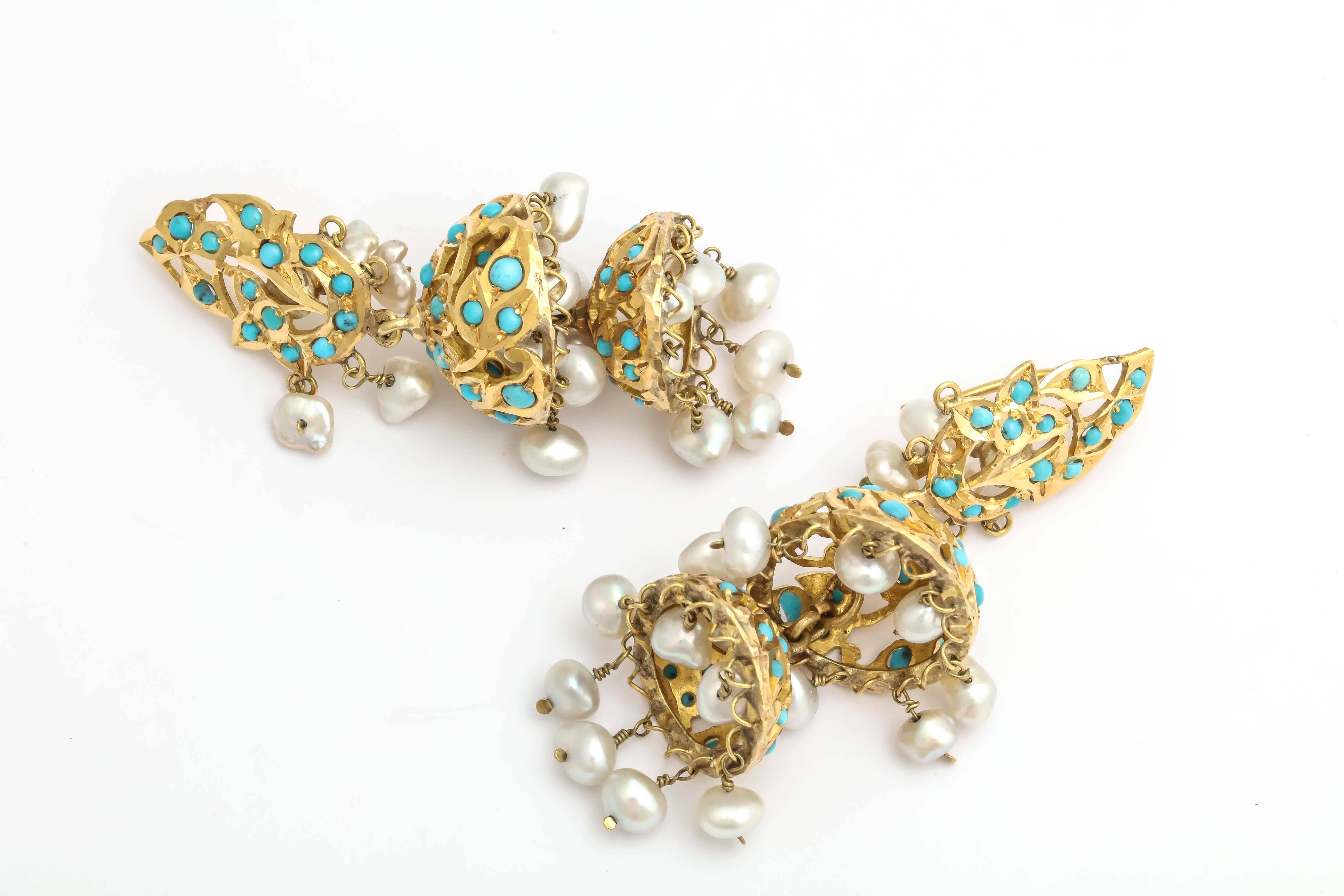 Women's Turquoise  Pearls Gold  Tier Chandelier Earrings