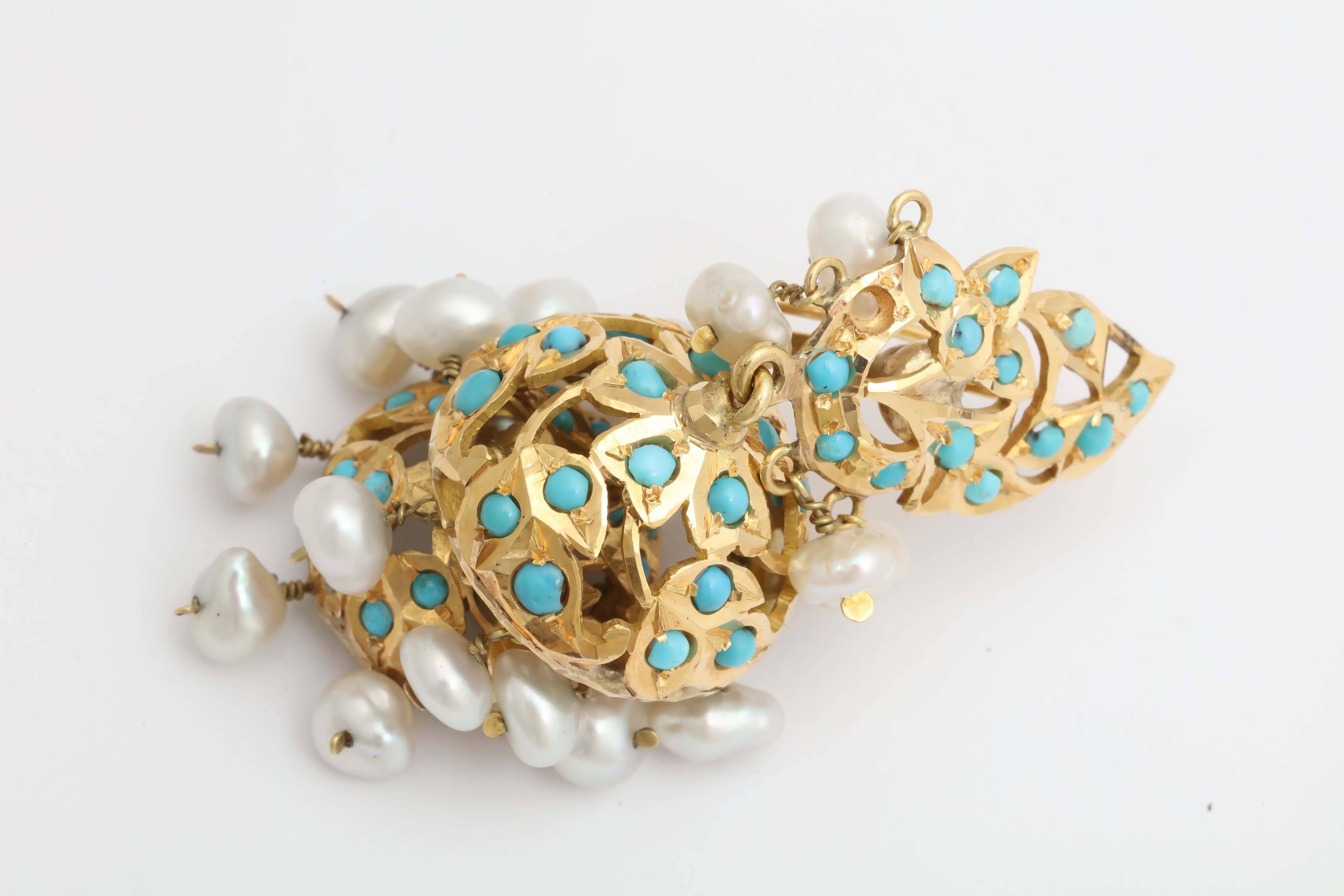 Turquoise  Pearls Gold  Tier Chandelier Earrings 1