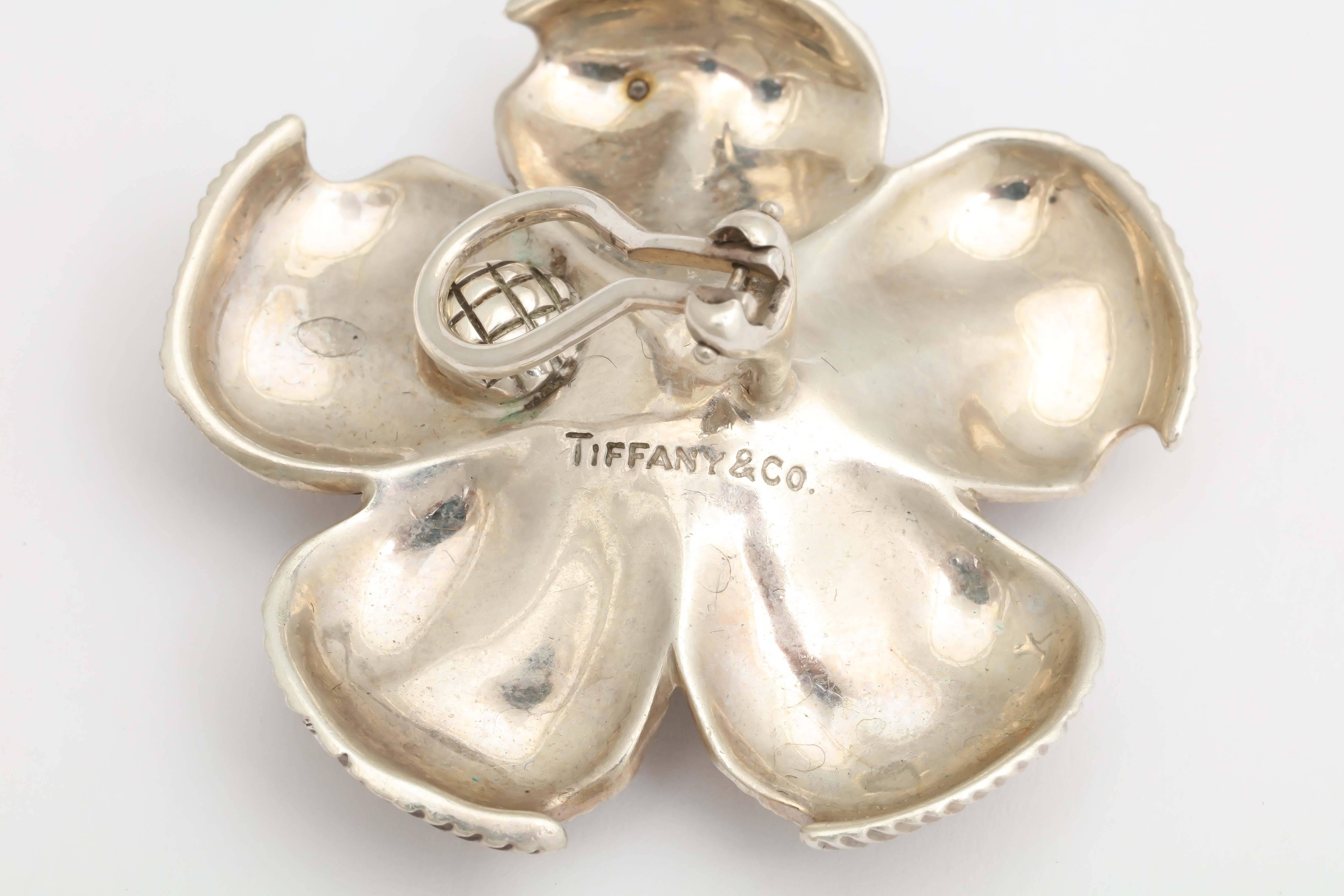 1980s Tiffany & Co. Large Silver Cherry Blossom Floral Clip Back Earrings 1