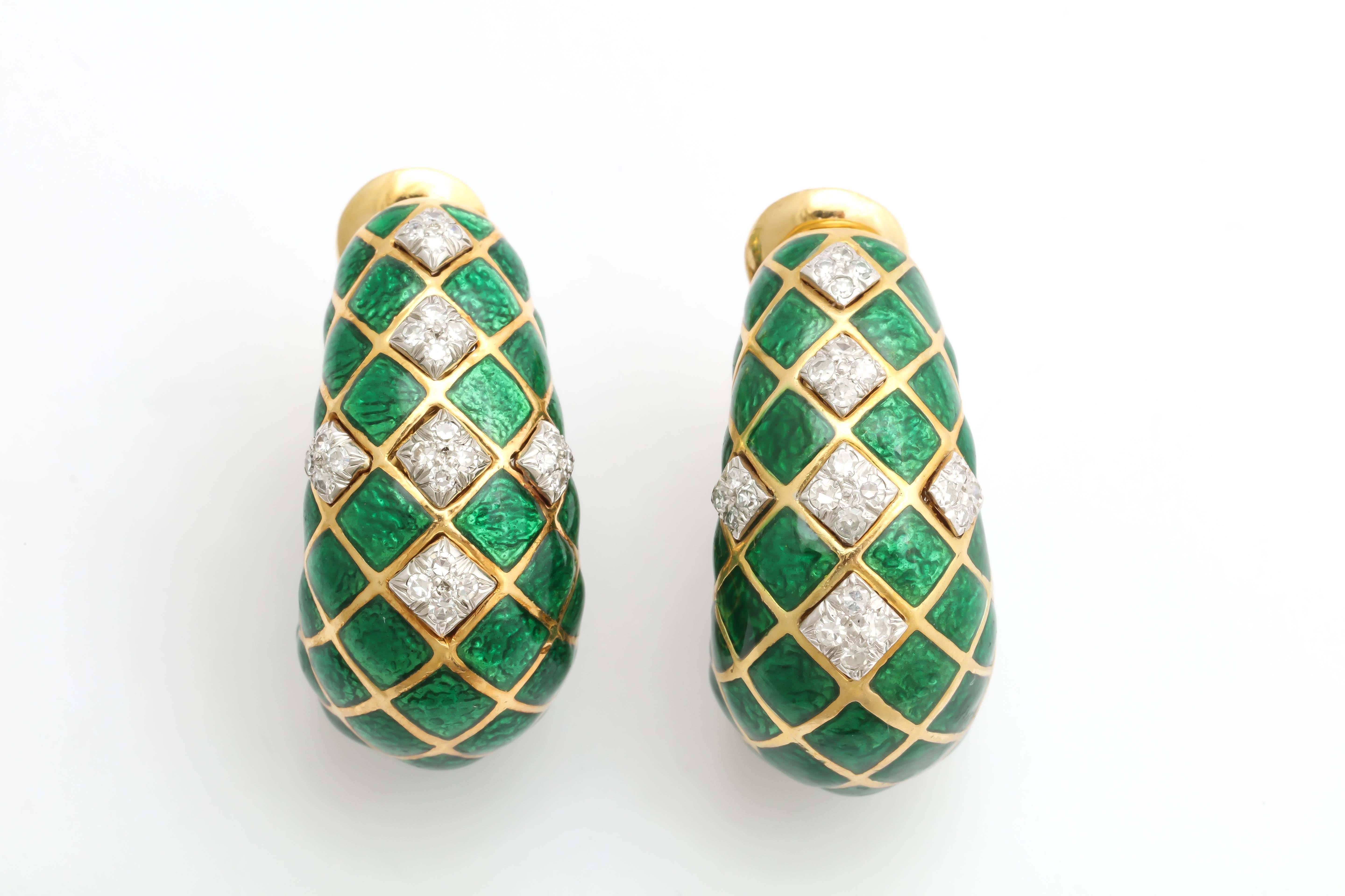 18kt yellow Gold & Irridescent Green Enamel Criss-Cross Design Half Hoop Earclips Further Embellished With Panel Of Diamonds Set In Platinum. Signed David Webb And Made In the 1960's. Clip on Backs in Which Posts May Be Added For Pierced Ears.