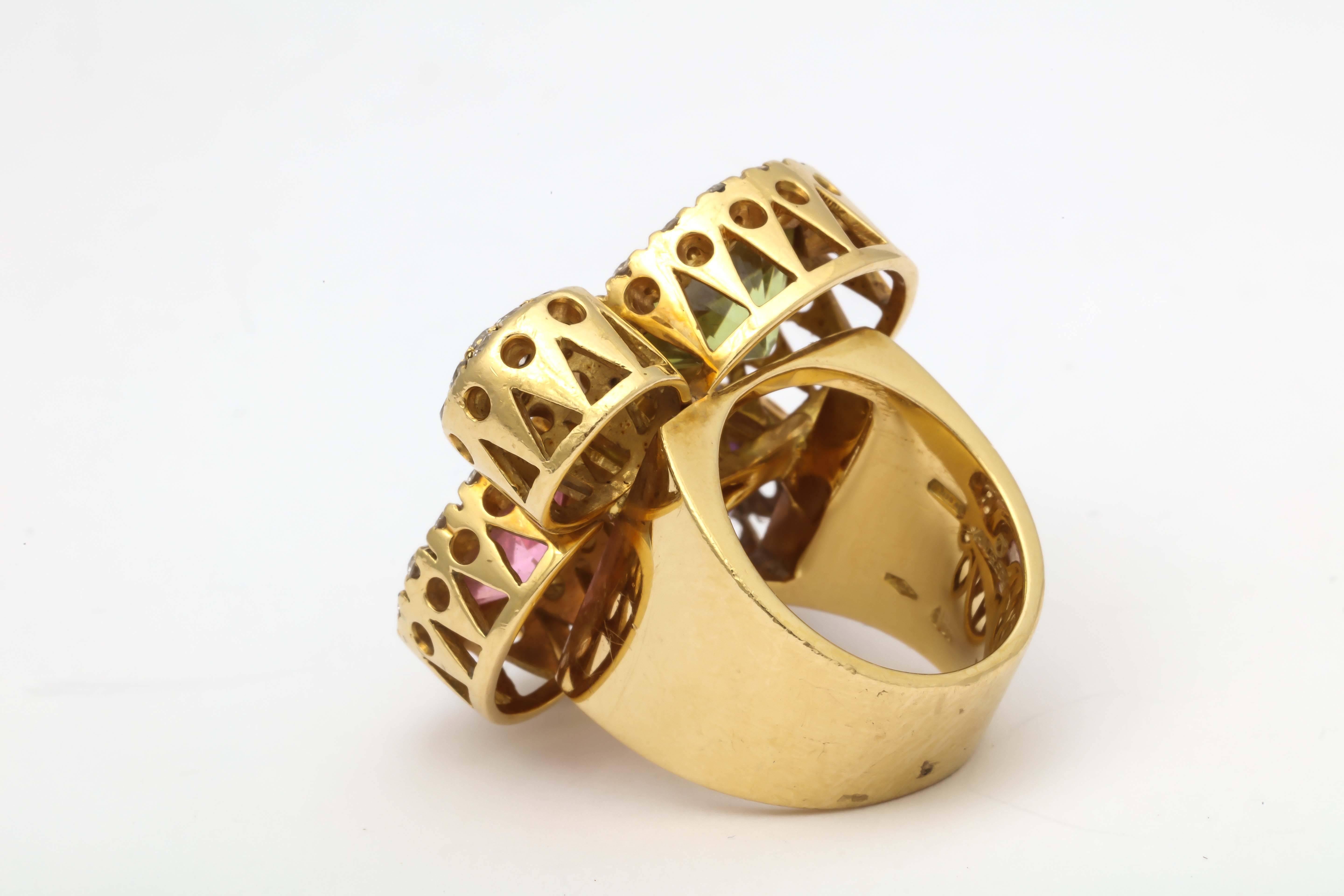 Women's 1980s Andreoli Pastel Colored Stones Diamond Gold Large Ring