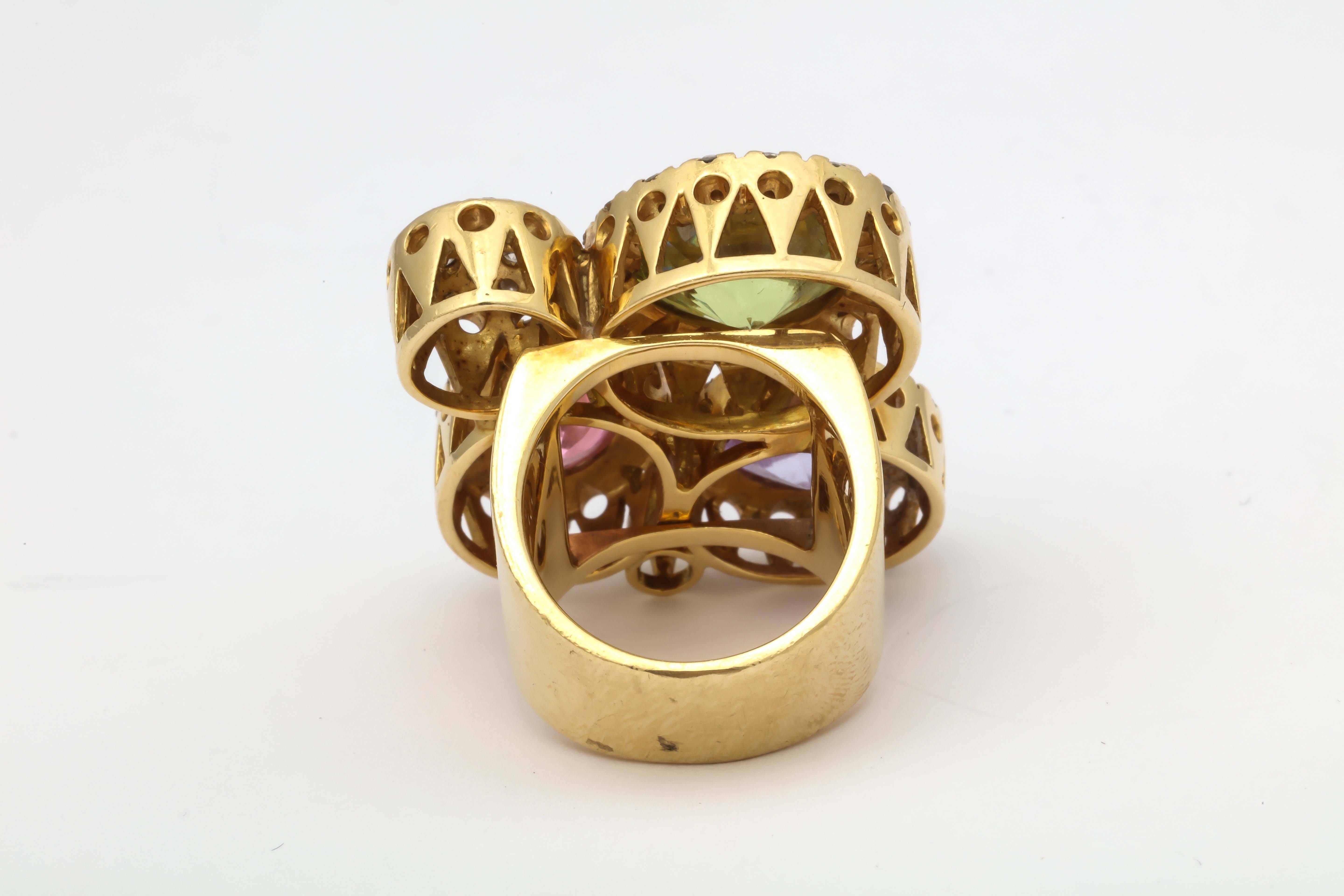 1980s Andreoli Pastel Colored Stones Diamond Gold Large Ring 1