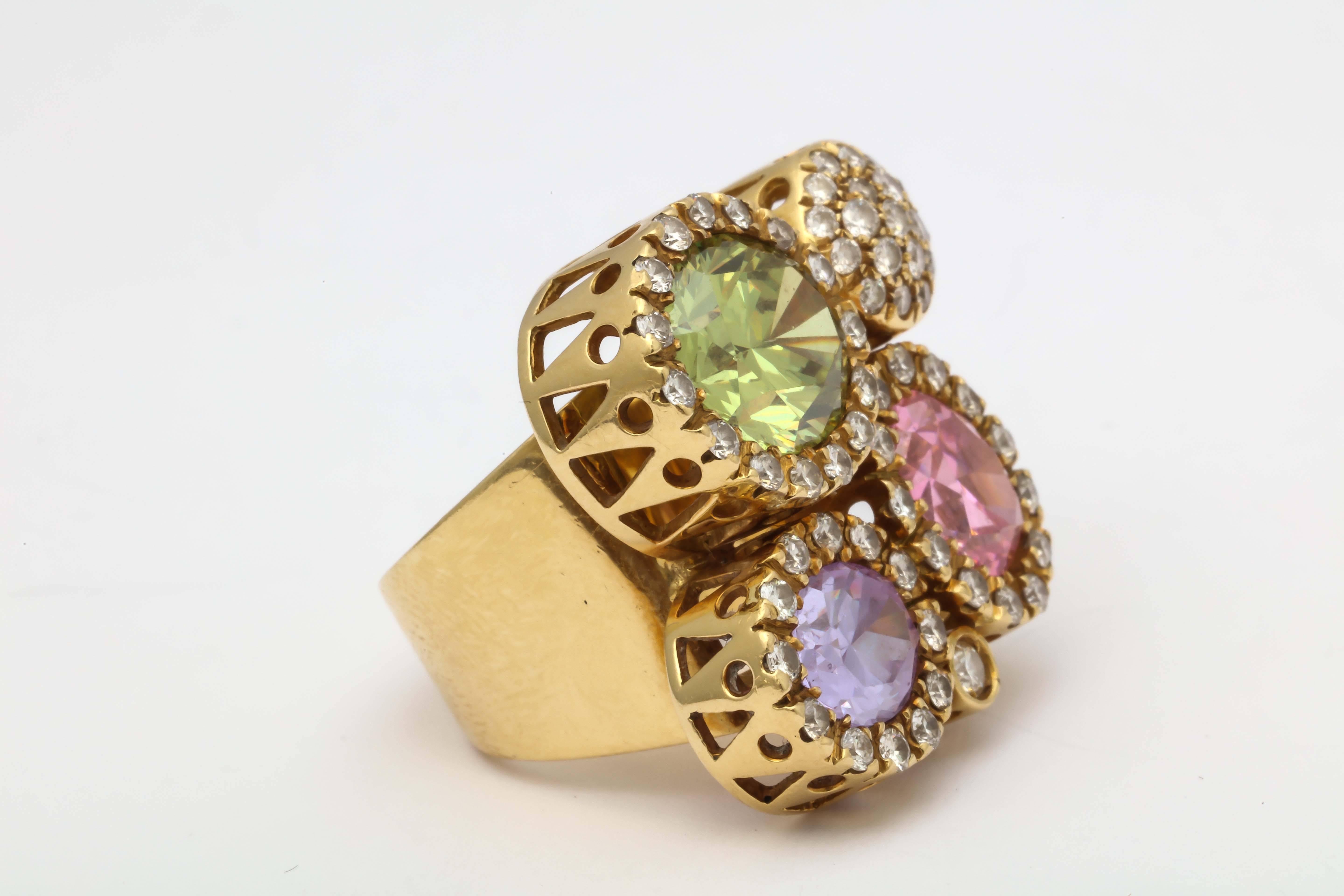 1980s Andreoli Pastel Colored Stones Diamond Gold Large Ring 2