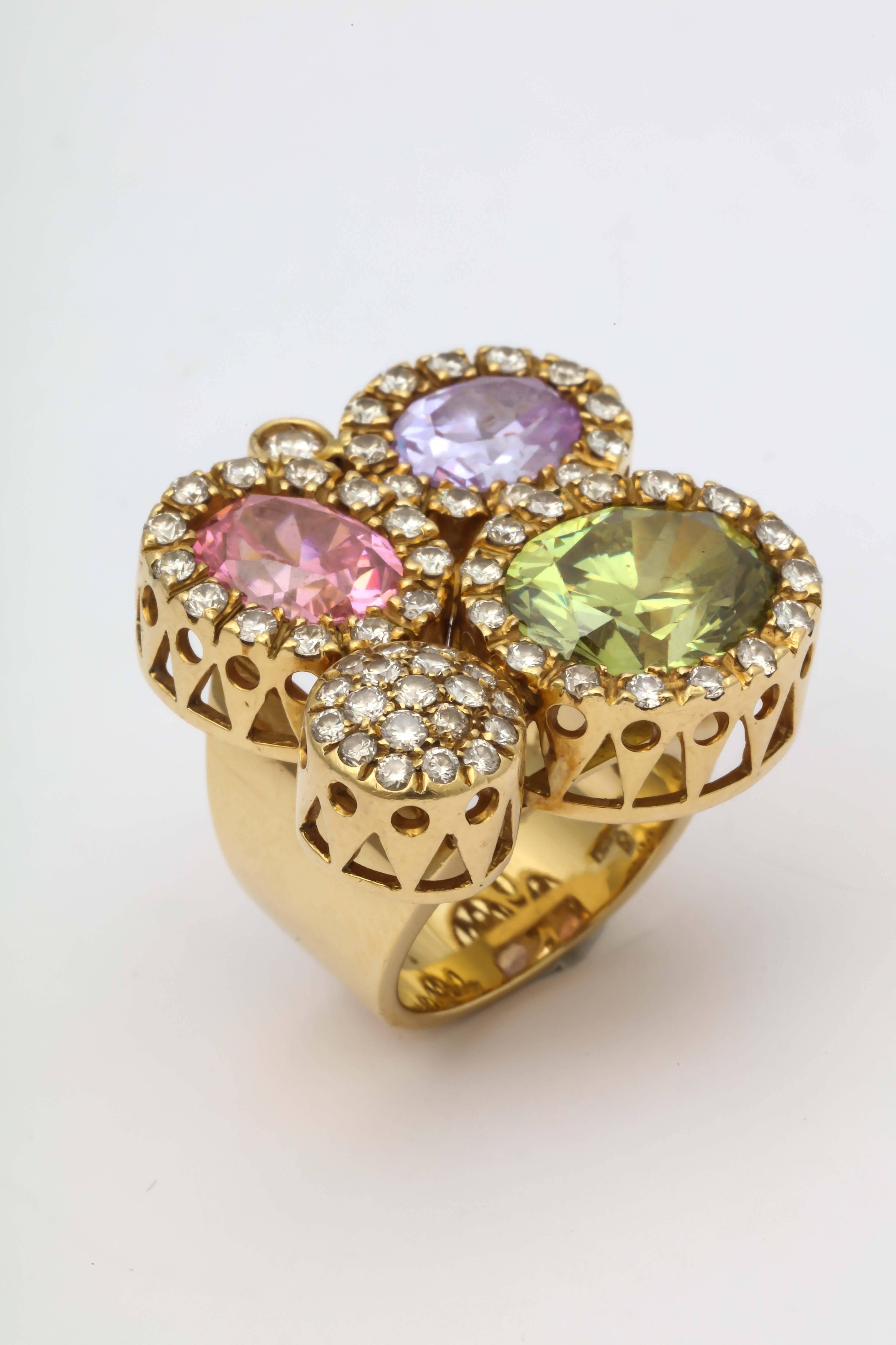 1980s Andreoli Pastel Colored Stones Diamond Gold Large Ring 4