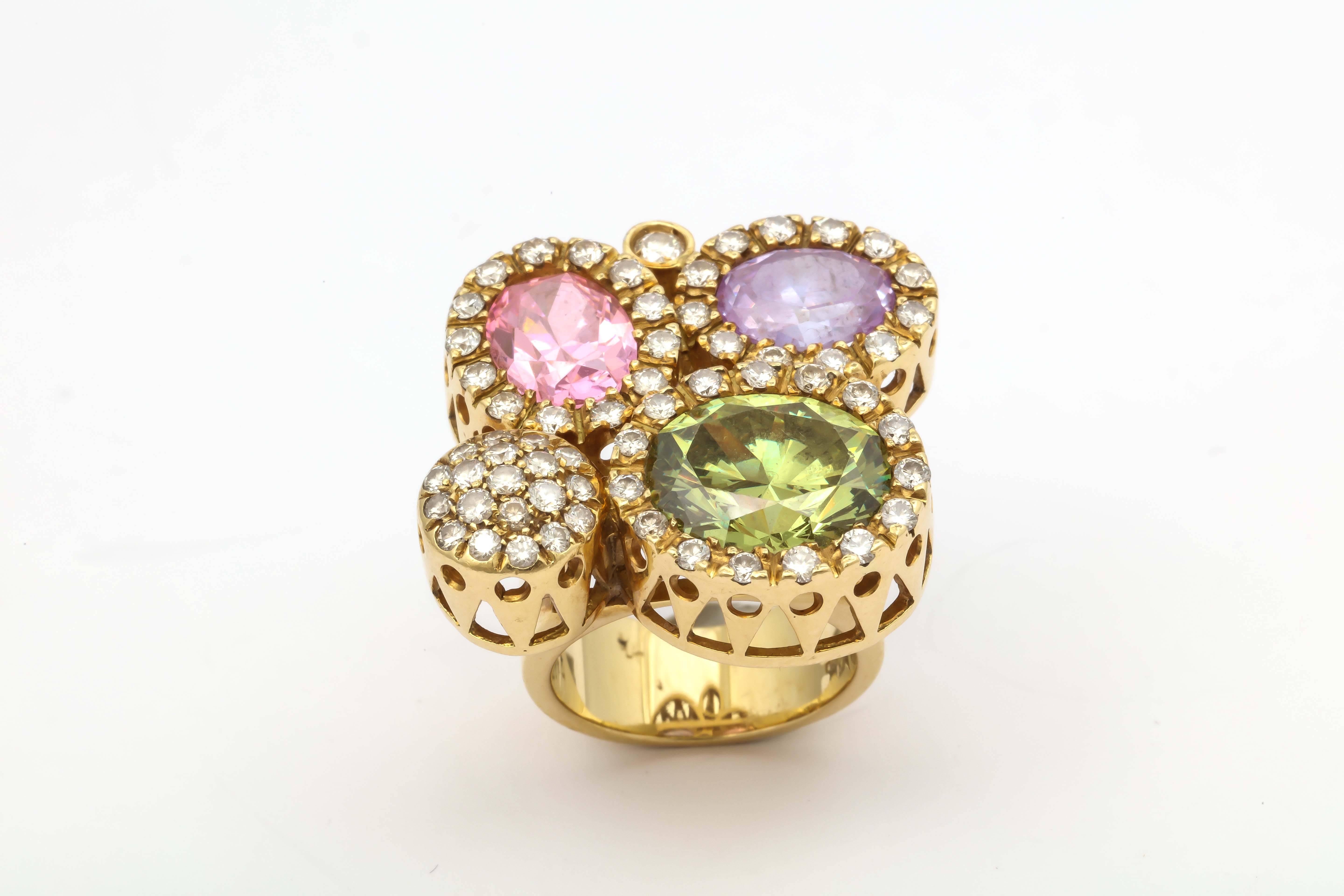 1980s Andreoli Pastel Colored Stones Diamond Gold Large Ring 5