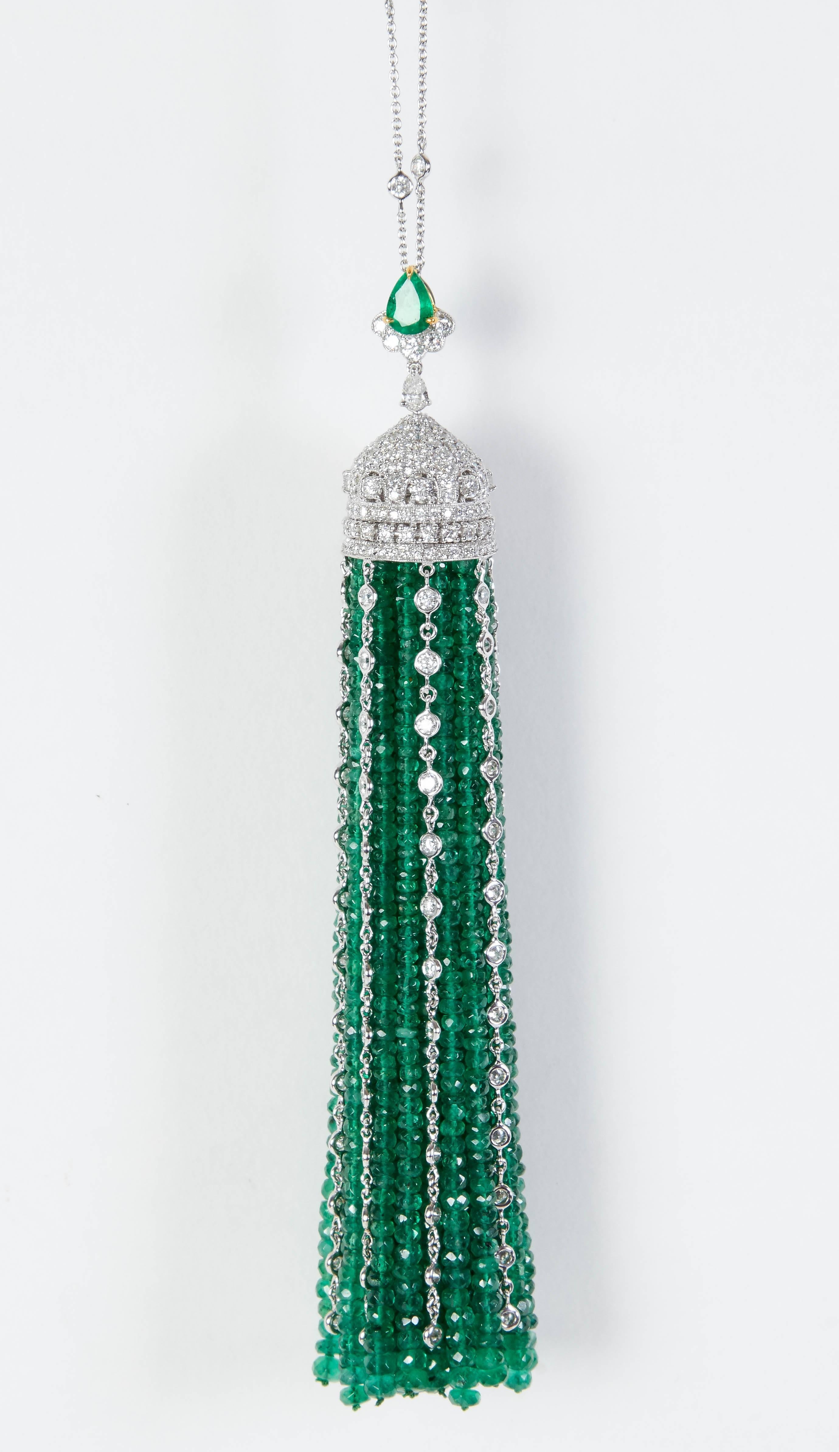 Incredible Important Emerald Diamond Gold Tassel Necklace  In Excellent Condition In New York, NY
