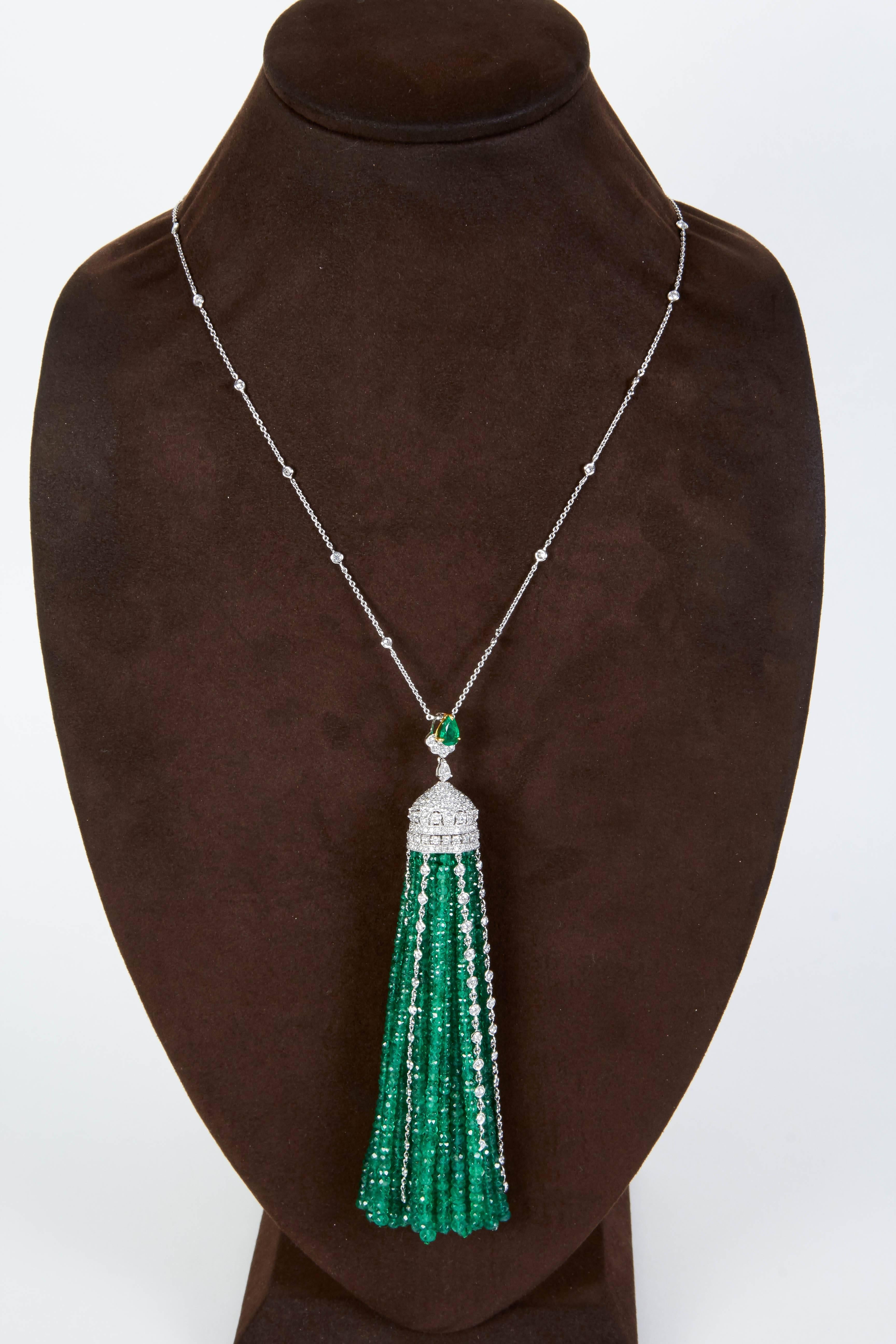 Incredible Important Emerald Diamond Gold Tassel Necklace  2